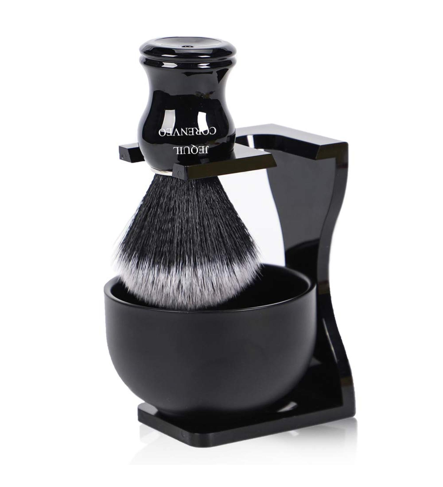Je&Co Men's 3 in 1 Shaving Brush Set with Synthetic Bristles - Acrylic Stand and Steel Bowl - Buy Online on GoSupps.com