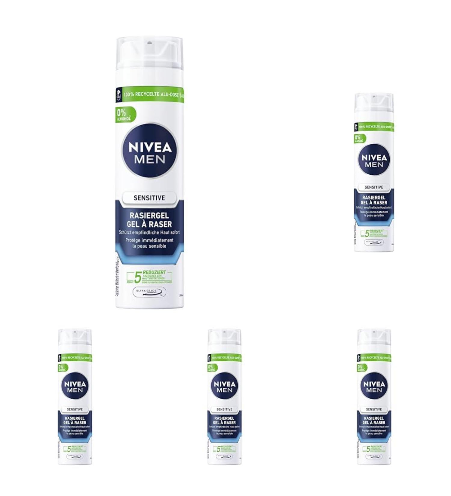 Nivea Men Sensitive Shaving Gel 200ml - Chamomile & Vitamin E Gentle Razor Gel for Skin Irritation 5 Pack in Recycled Aluminum Can - Buy Online on GoSupps.com
