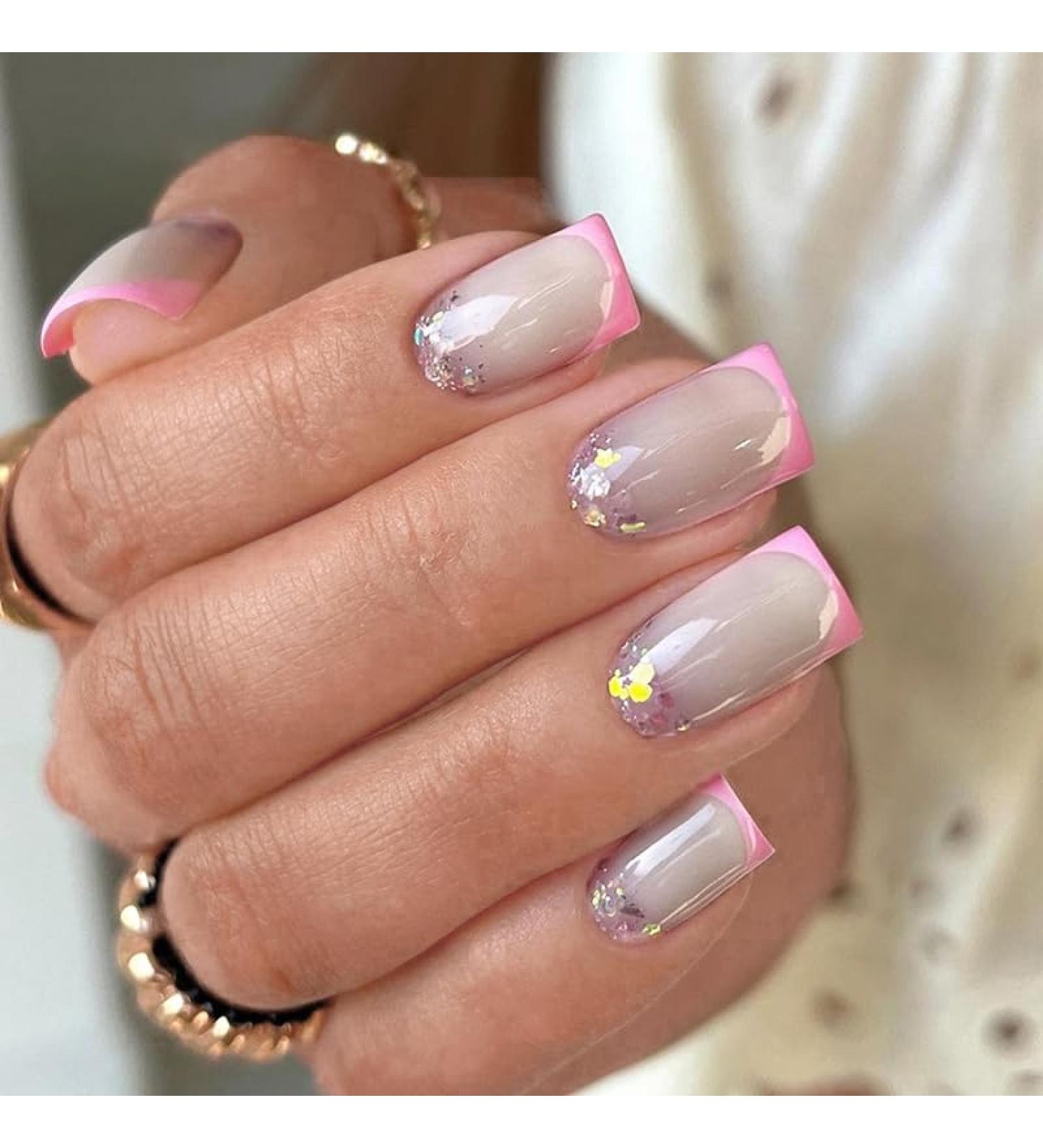 Shop Mrcuvaryas 24 Press On Nails - Square Nude Pink White French Glitter - Long-Lasting Artificial Ballerina Acrylic Nails with Glue for Women - Buy Online on GoSupps.com