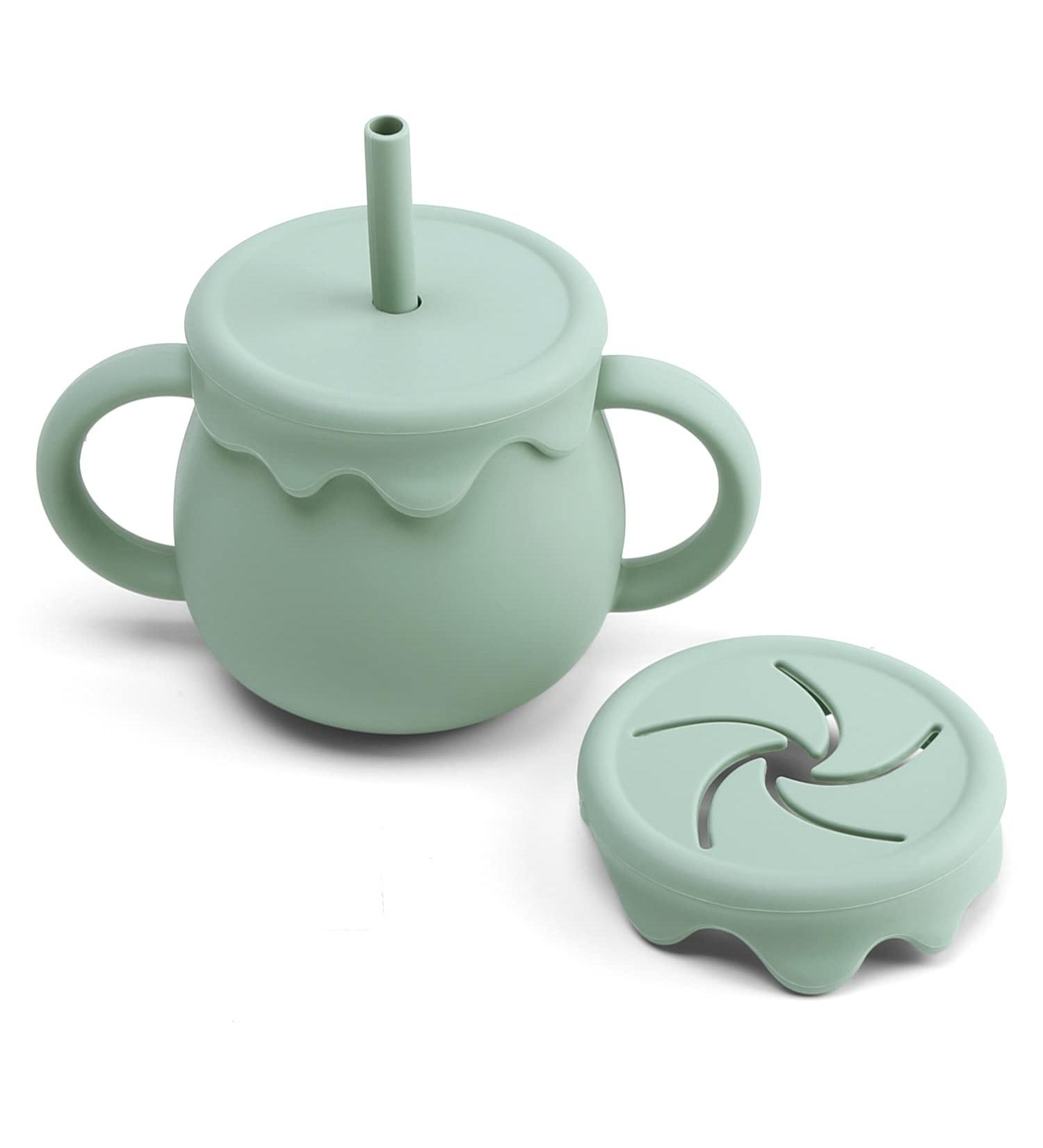 Ginbear 2-in-1 Silicone Sippy Cup with Straw & Snack Lid | 8.5oz Spill-Proof Toddler Training Cup (Hazy Green) - Ages 12M+ - Buy Online on GoSupps.com