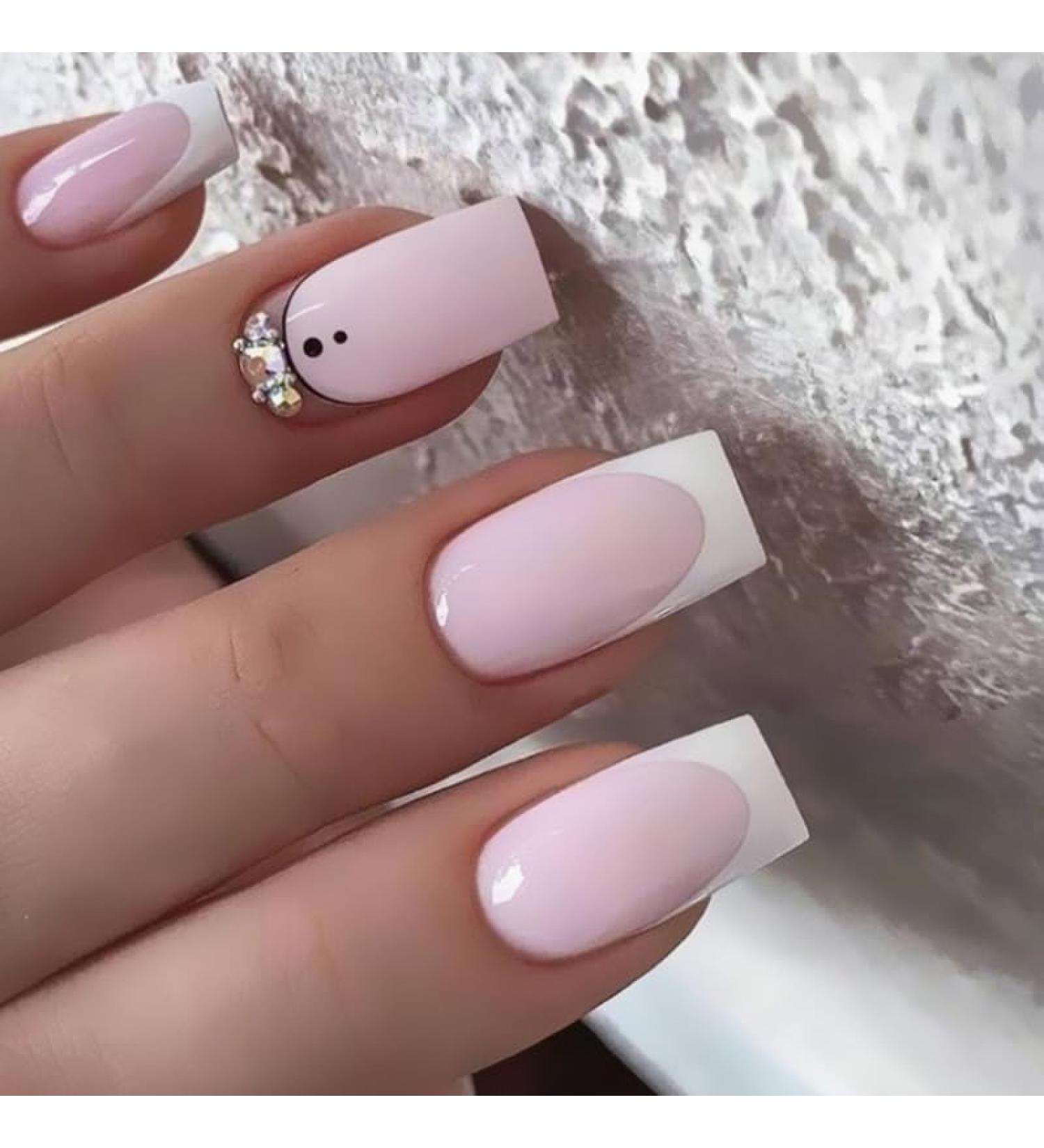 French Tip Press on Nails - Short Square Press On Nails with Nail Tips Black Spot with Rhinestones Design False Nail Glossy pink press on nails Acrylic False Nails Cute Artificial Nails - Buy Online on GoSupps.com