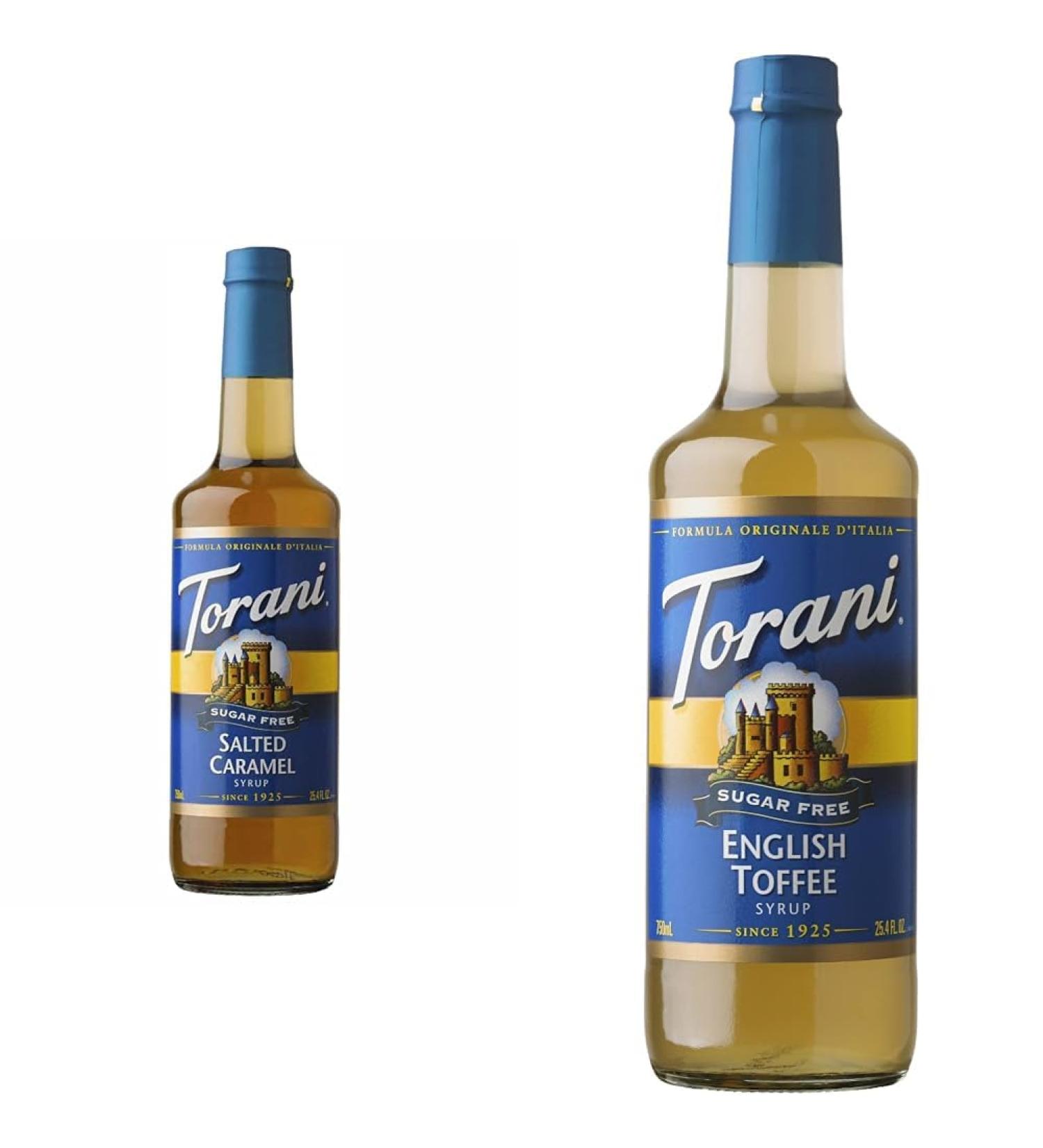 TORANI-SUGAR FREE SALTED CARAMEL SYRUP PET (PLASTIC) BOTTLE 750ML & Sugar Free English Toffee Syrup 750ml PET - Buy Online on GoSupps.com