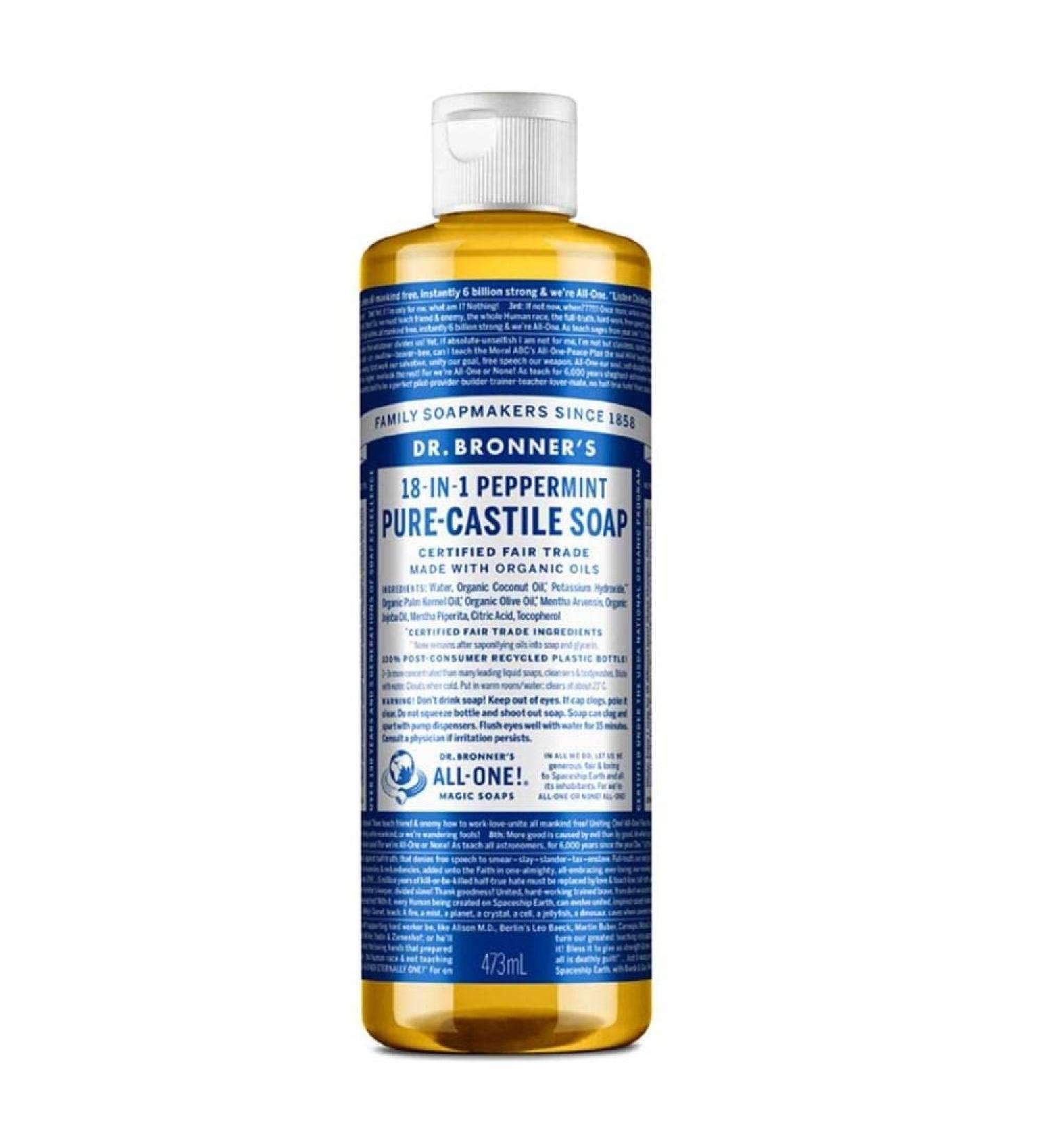 Dr Bronner's 18-in-1 Peppermint Pure-Castile Liquid Soap Made with Organic Oils Used for Face Body Hair Laundry Pets and Dishes Certified Fair Trade & Vegan Friendly 473ml Recycled Bottle Peppermint 473ml