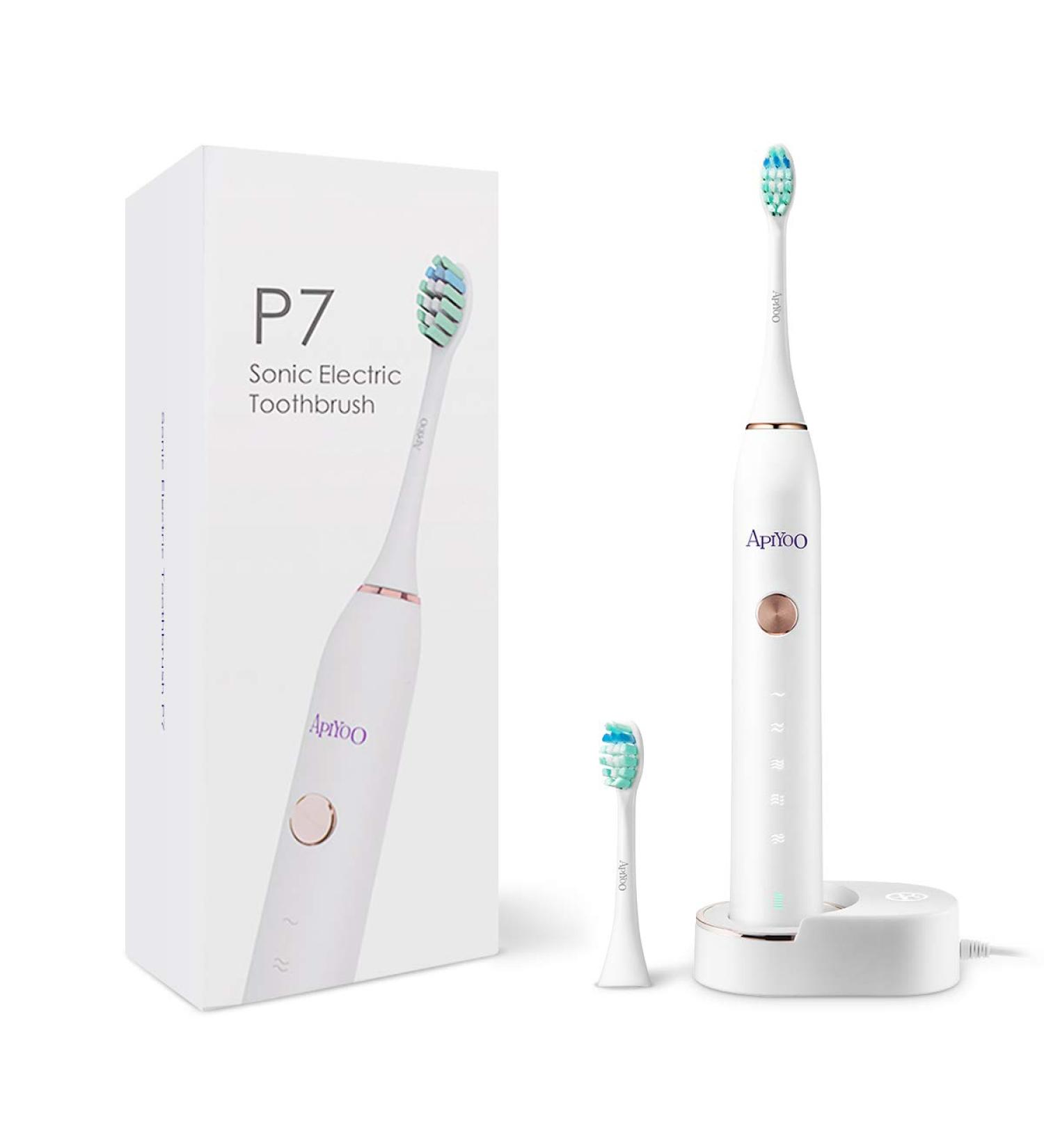Apiyoo P7 Rechargeable Sonic Electric Toothbrush | 5 Brushing Modes & 2 Min Timer | IPX7 Waterproof | for Adults (White) - Buy Online on GoSupps.com
