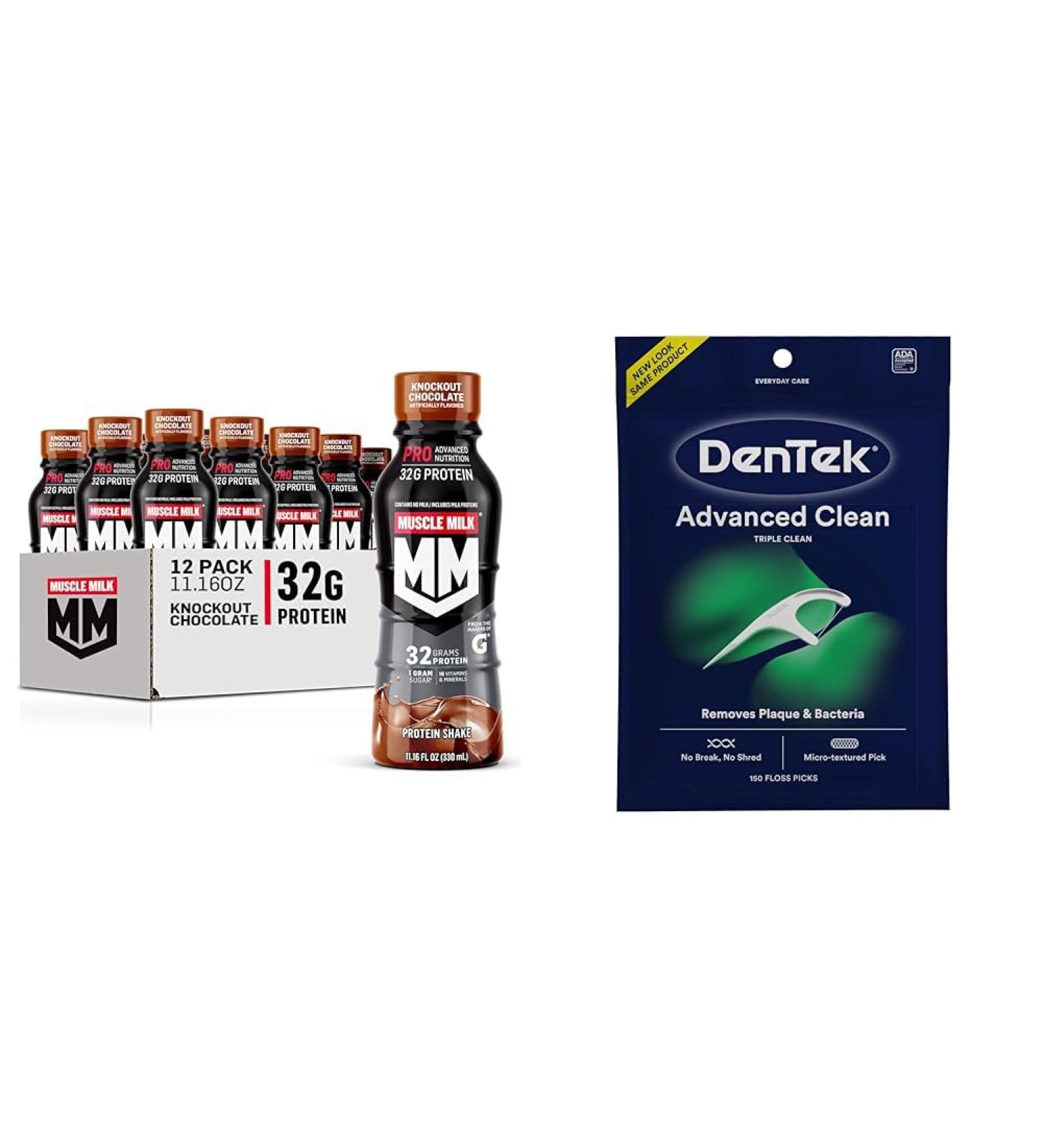 Muscle Milk Pro Protein Shake Knockout Chocolate 11.16 Fl Oz 12 Pack + DenTek Triple Clean Advanced Clean Mint Floss Picks 150 Count - Buy Online on GoSupps.com