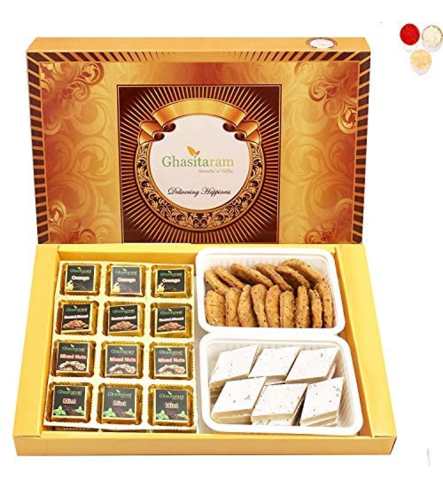 Ghasitaram Gifts Bhaidooj Gifts Big Box of 12 Pcs Assorted Chocolates Kaju Katli and Methi Mathi - Buy Online on GoSupps.com
