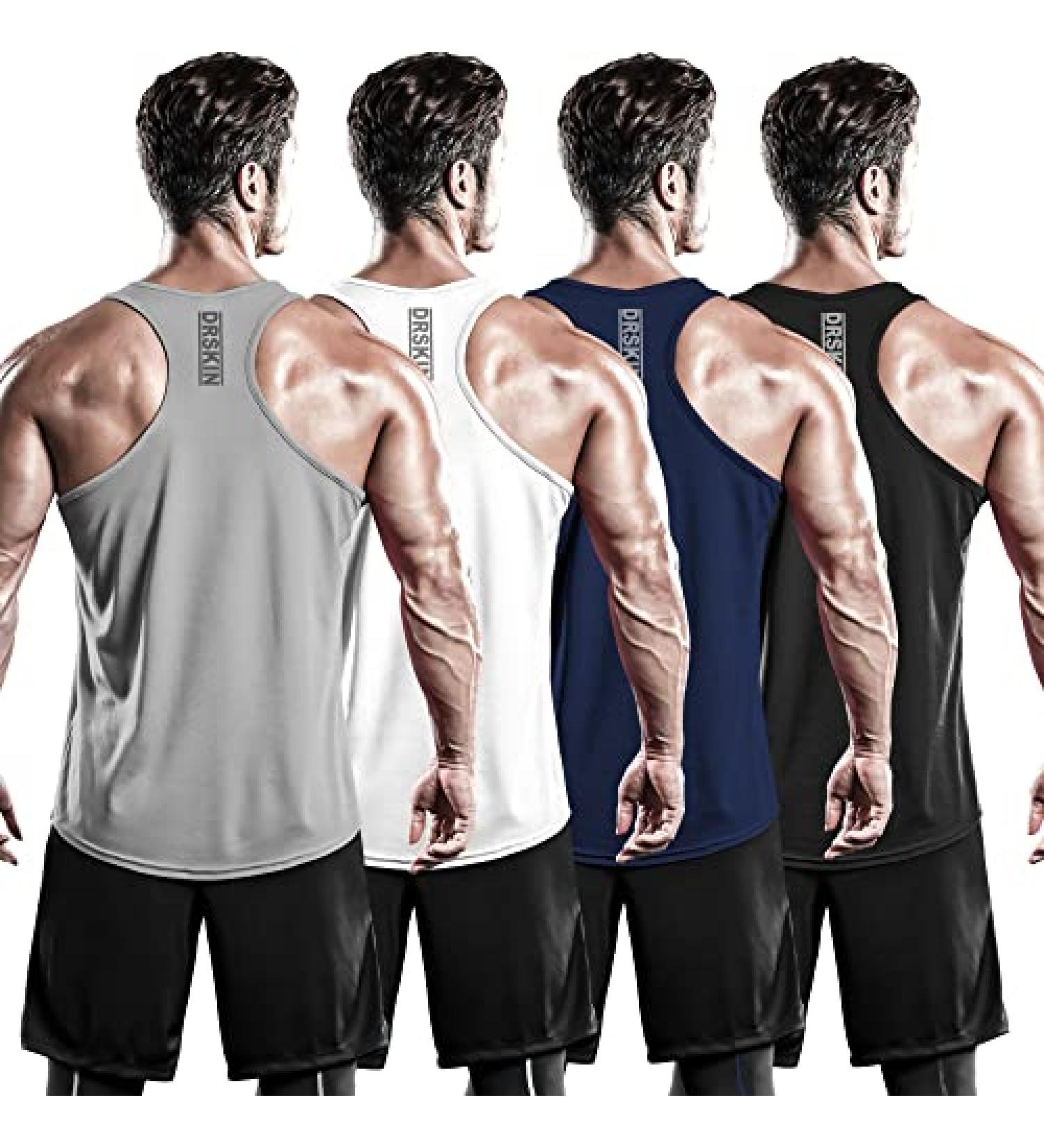 DRSKIN Men's 4 Pack Tank Tops Sleeveless Shirts - Dry Fit Y-Back Muscle Mesh Gym Training Athletic Workout - Medium - Black White Navy Gray - Buy Online on GoSupps.com