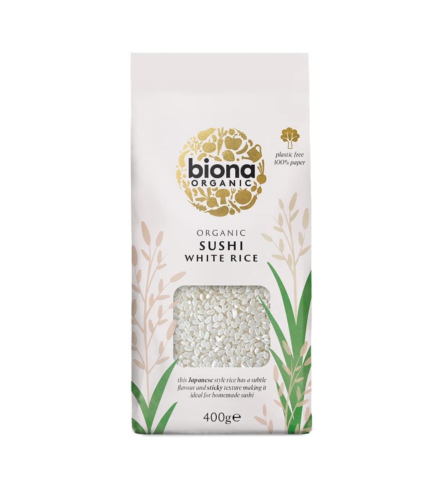 Biona Organic Sushi Rice - Short Grain White Japanese Style Rice for Sushi, Stir Frys & Poke Bowls - Non GMO Vegan - Plastic Free - Buy Online on GoSupps.com