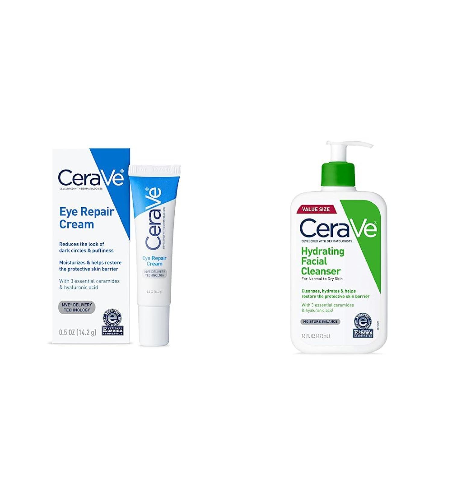 CeraVe Eye Repair Cream | 0.5 Ounce & Hydrating Facial Cleanser | Moisturizing Non-Foaming Face Wash with Hyaluronic Acid Ceramides and Glycerin | Fragrance Free Paraben Free | 16 Fluid Ounce