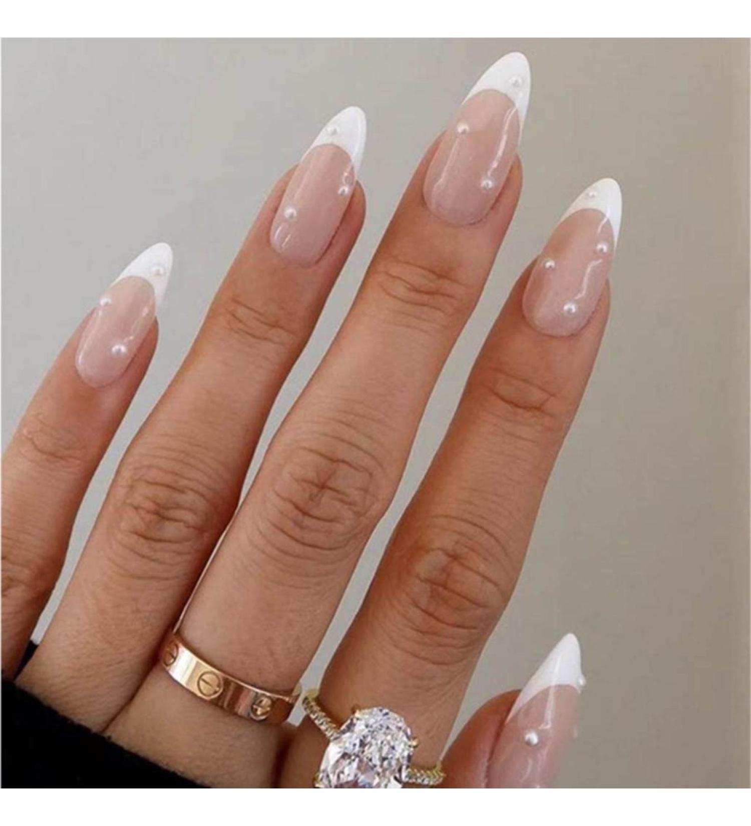 Foccna French Press on Nails Medium - Pearl White Almond Acrylic False Nails | 24 pcs Fake Nails for Women and Girls - Buy Online on GoSupps.com