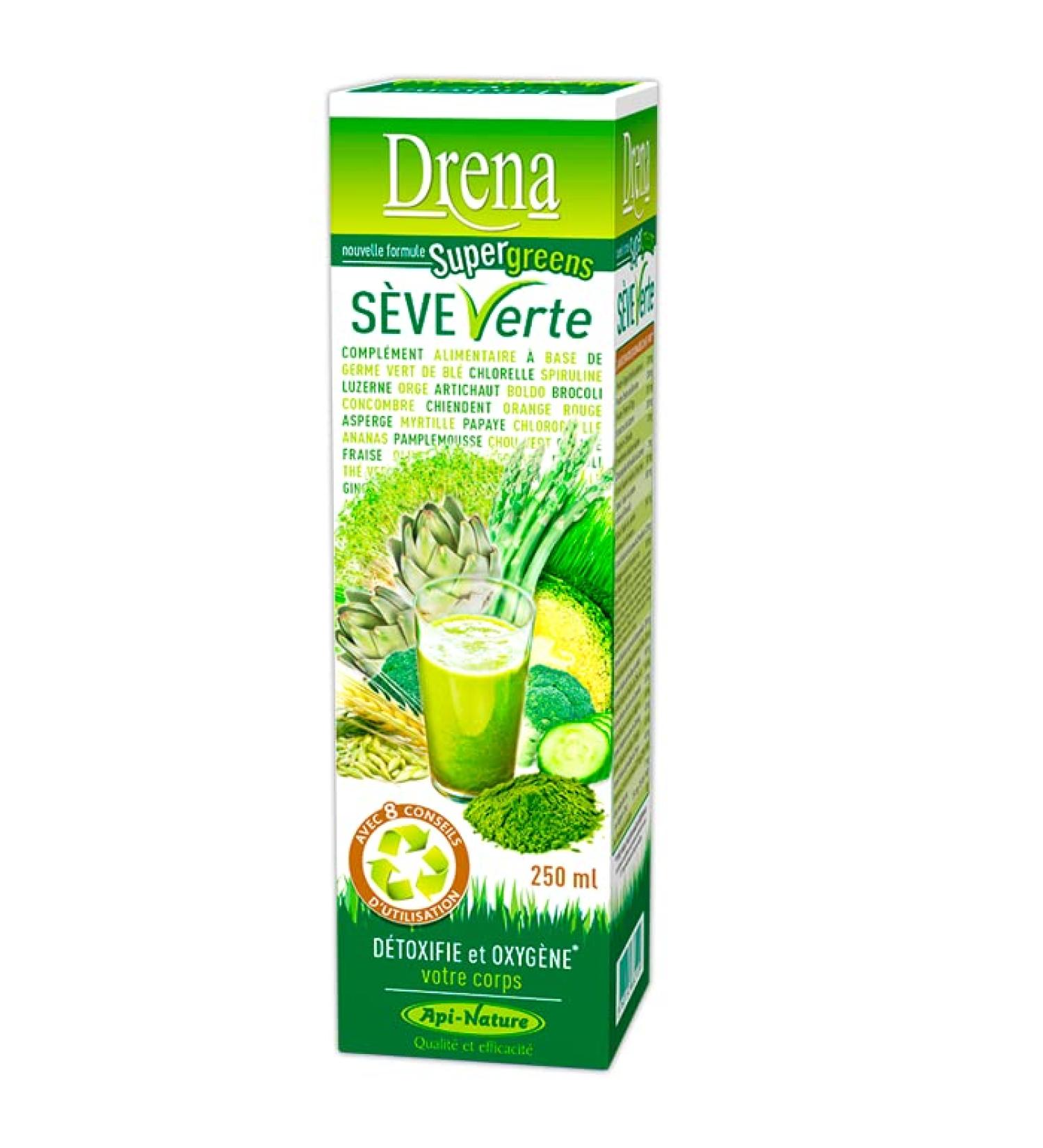 Super Greens Green Sap 250ml - Spirulina Algae Chlorella Plant Extracts Fruits and Vegetables - Draining and Purifying Detox with Over 35 Nutrients - Vegan Friendly