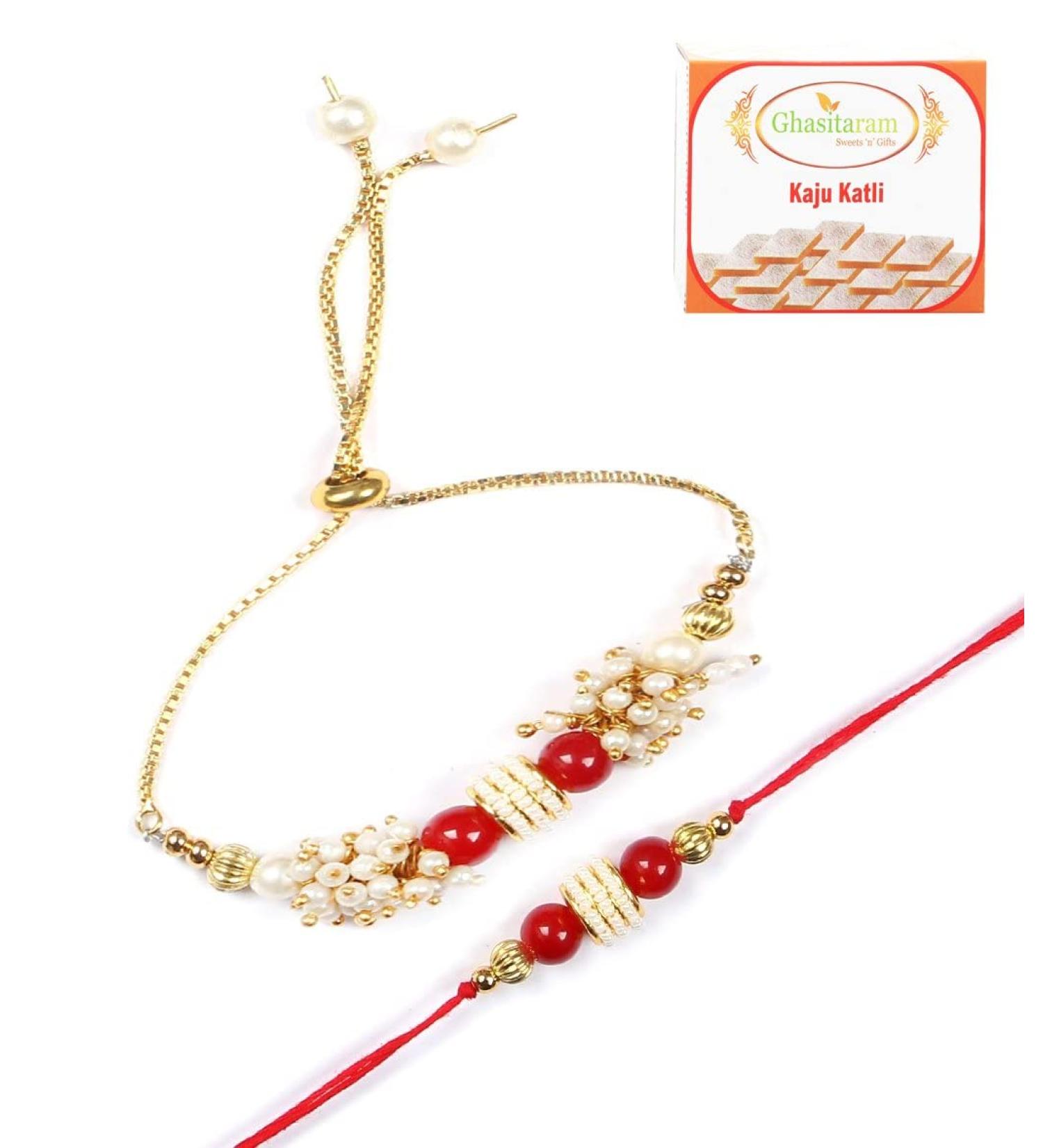Ghasitaram Gifts Rakhis Online - Rakhi for Brother-RT-Red Pearl Bhaiya Bhabhi Rakhi with 400 GMS of Kaju katli Rakhi Set with 400 gms of Kaju katli - Buy Online on GoSupps.com
