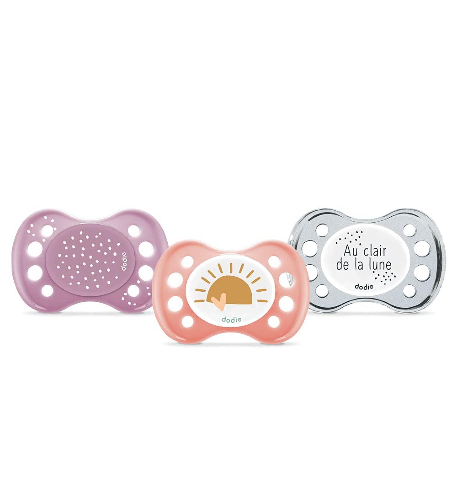 Set of 3 Anatomical Pacifiers for 0-6 Months - BPA-Free Day & Night Pink Motif | International Shipping Available - Buy Online on GoSupps.com