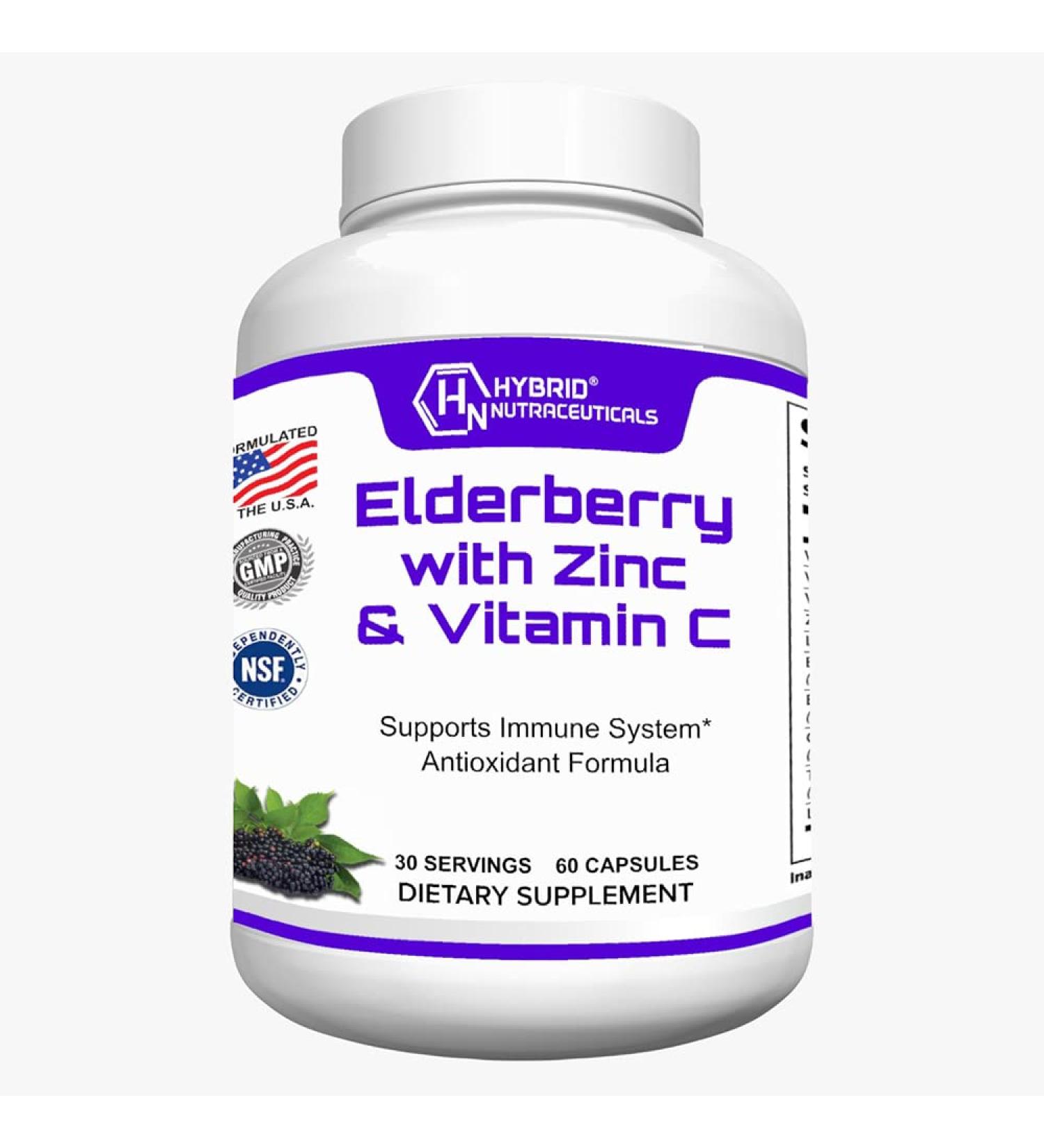 Hybrid Nutraceuticals Black Elderberry Capsules with Echinacea Turmeric Garlic Zinc Vitamins C E and B6 Probiotics and L-Glutamine (60 Capsules) - Buy Online on GoSupps.com