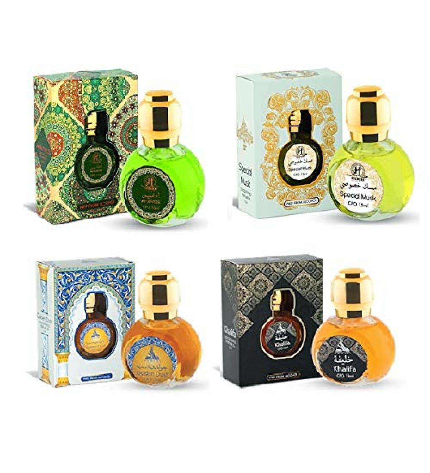 Hamidi 15 ml Concentrated Perfume Oil Alcohol Free Attar for Men and Women (Pack of 4) (Khalifa + Golden dust + Ahasees + Special Musk) - Buy Online on GoSupps.com