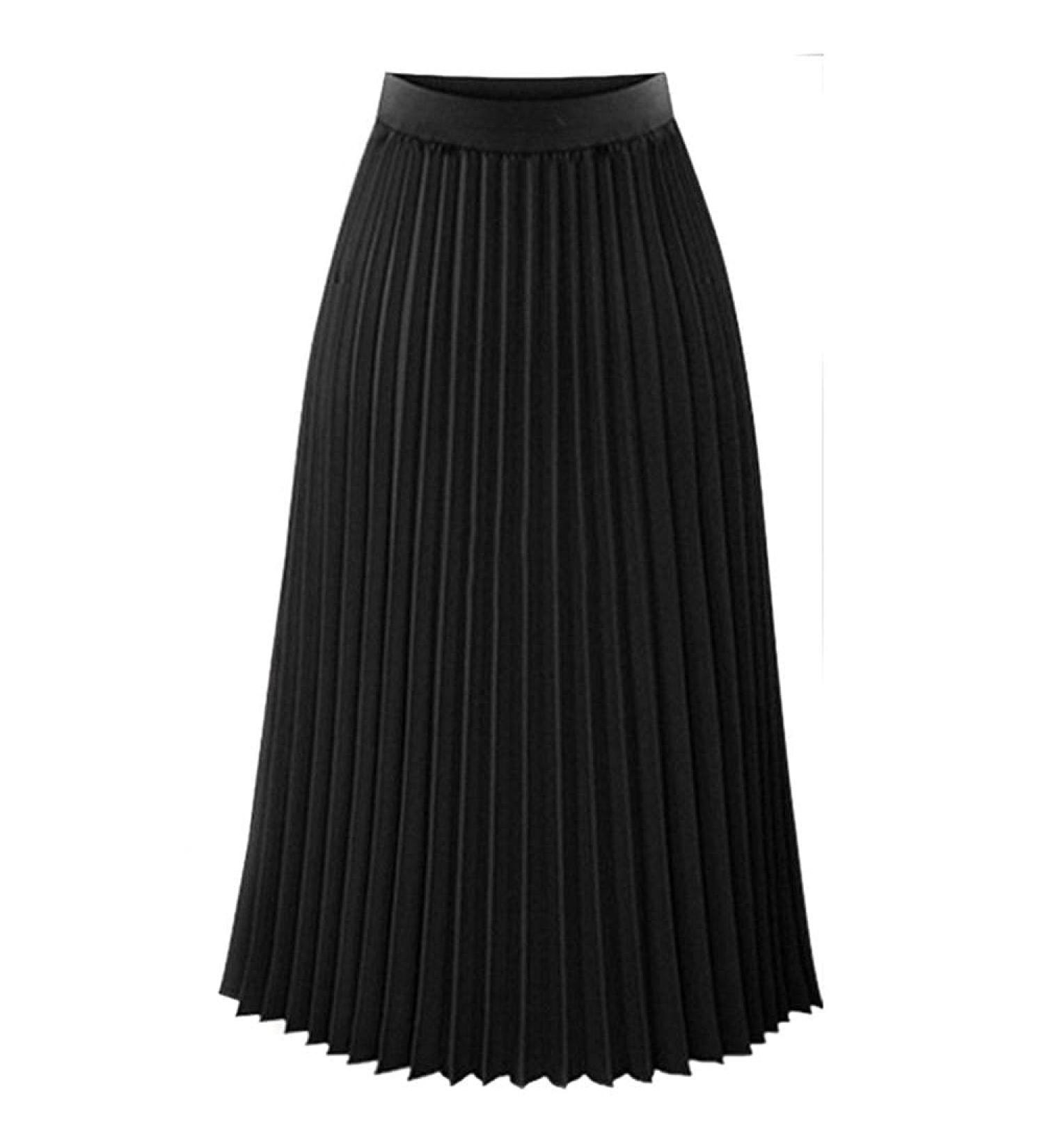 Sanahy Women's High Waist Pleated Midi Skirt - Solid Stylish Casual Chiffon A-line Long Skirt in Black - Buy Online on GoSupps.com
