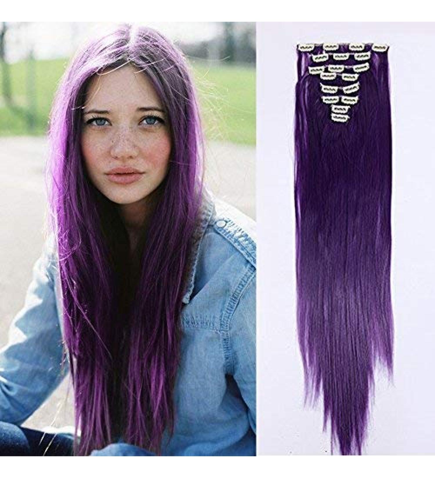 Clip In Hair Extensions - Realistic Purple-Blue Hairpiece 8 Wefts 26 (66cm) 140g - International Shipping - Buy Online on GoSupps.com