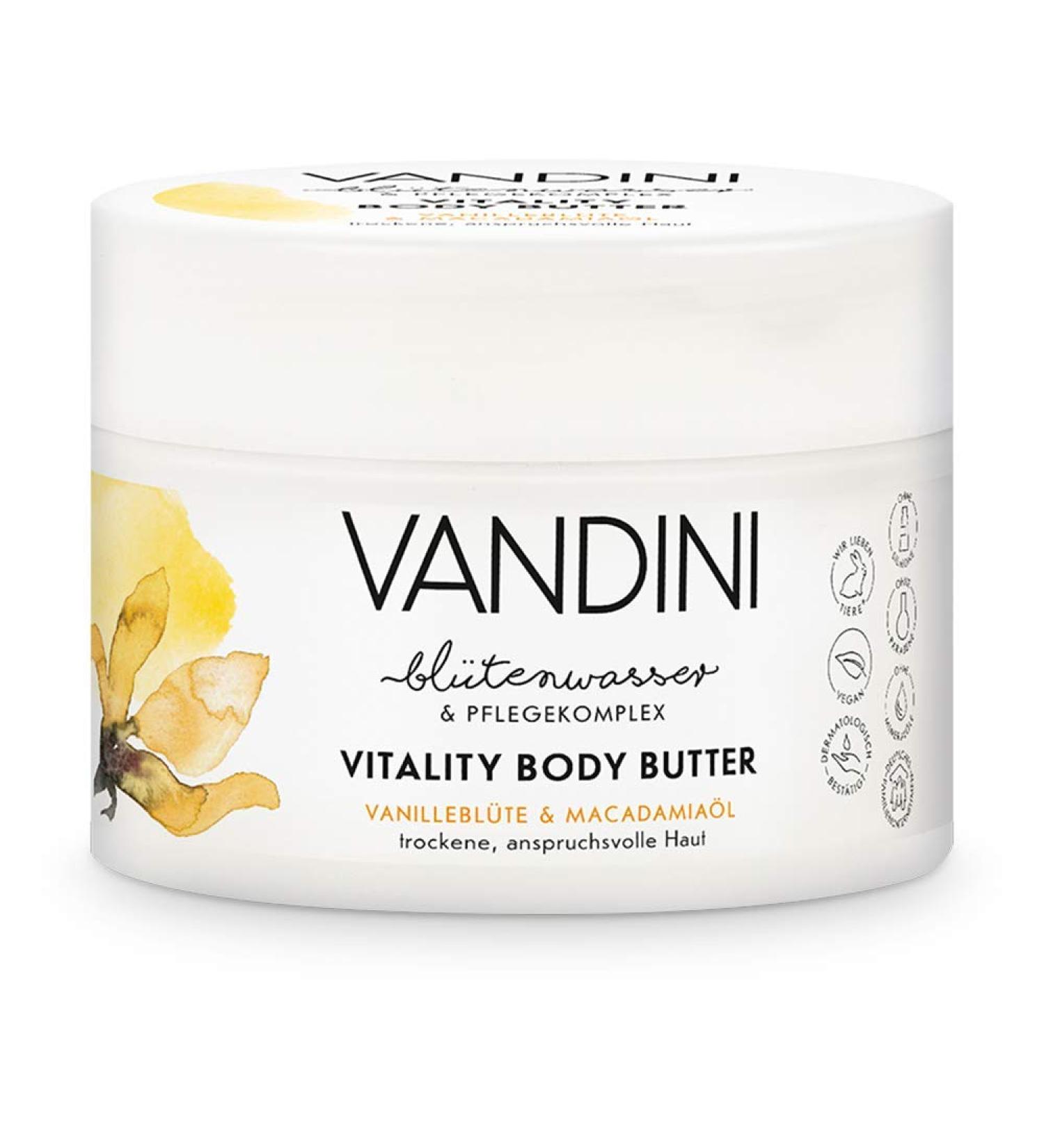 Vandini Vitality Body Butter for Women - Vegan Moisture Cream with Vanilla Bloom & Macadamia Oil - Nourishing Body & Face Cream for Dry Skin (200 ml) - Buy Online on GoSupps.com