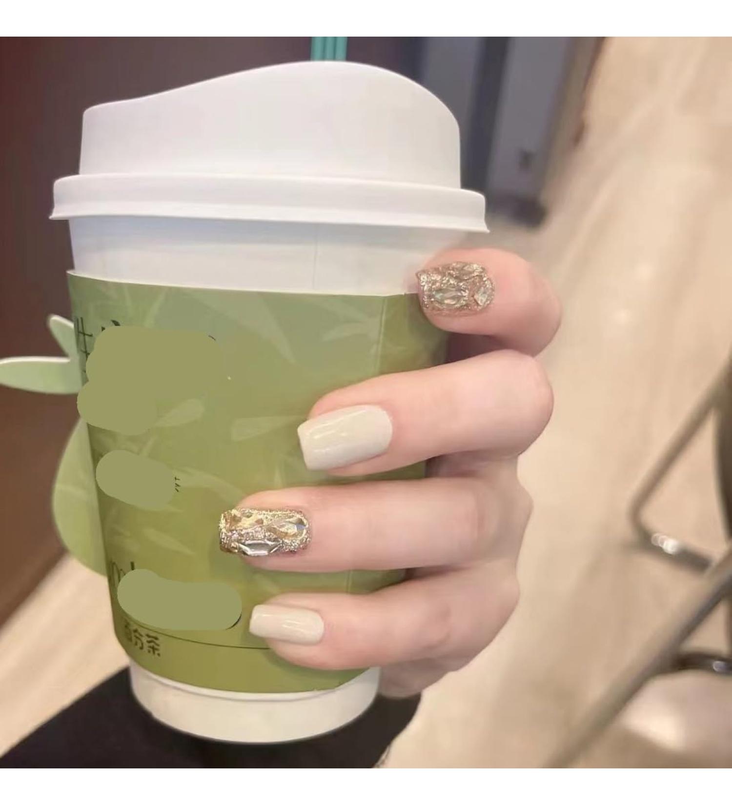 Donghai Handmade Nail Dressing False Nail Patch Seasonal Grey Champagne Diamond (Size : L)