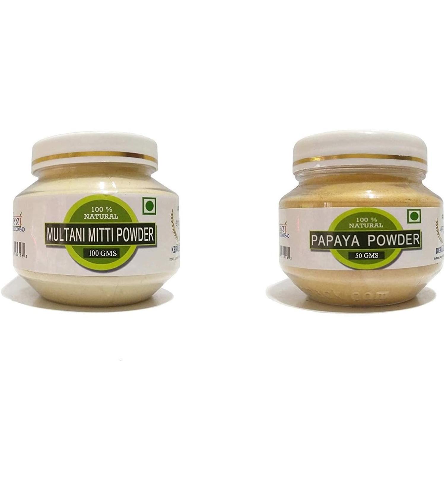 READ QURA Herbal Papaya Powder 50gm & Multani Mitti Powder 100gm for Skin Whitening Face Pack Combo of 2
