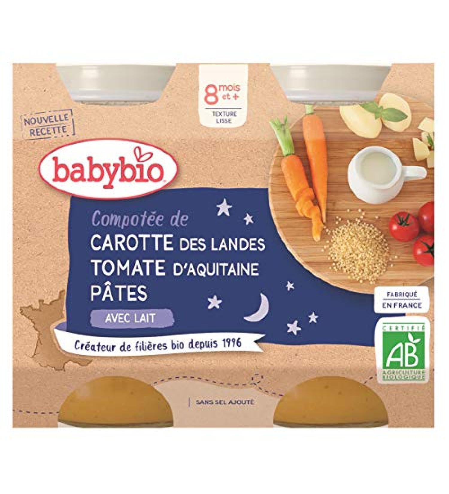 Babybio Petit Pot Good Night Carrot Compote from the Landes region with Tomato/Pasta and Organic Milk 8+ Months 2 * 200g - Pack of 3 - Buy Online on GoSupps.com