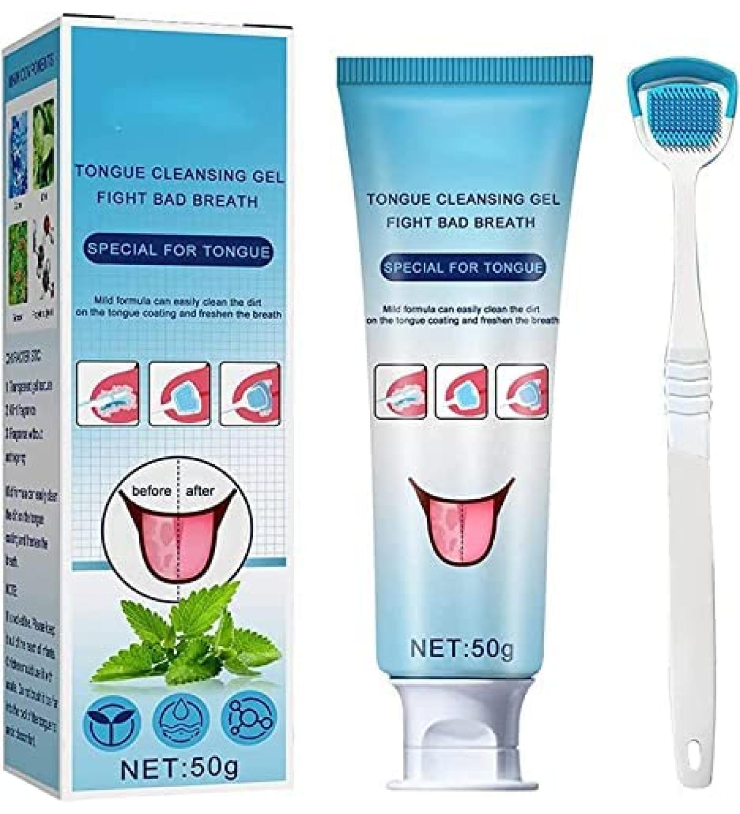 Tongue Cleaning Gel & Brush Set | Mint Oral Deodorant for Bad Breath - 2 pcs for Adults & Kids - Buy Online on GoSupps.com