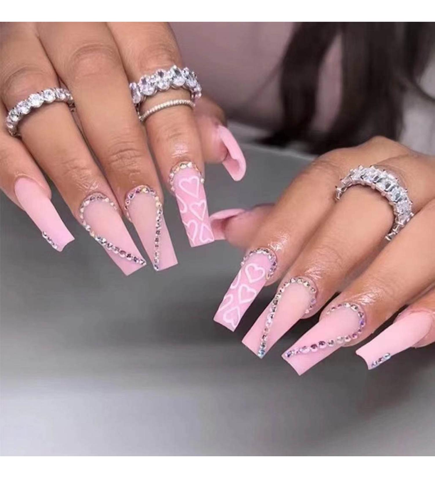 Foccna Coffin Valentine's Day Press on Nails - Pink Rhinestone Medium Long False Nails for Women - Acrylic Matte Full Cover Manicure Decoration - Buy Online on GoSupps.com