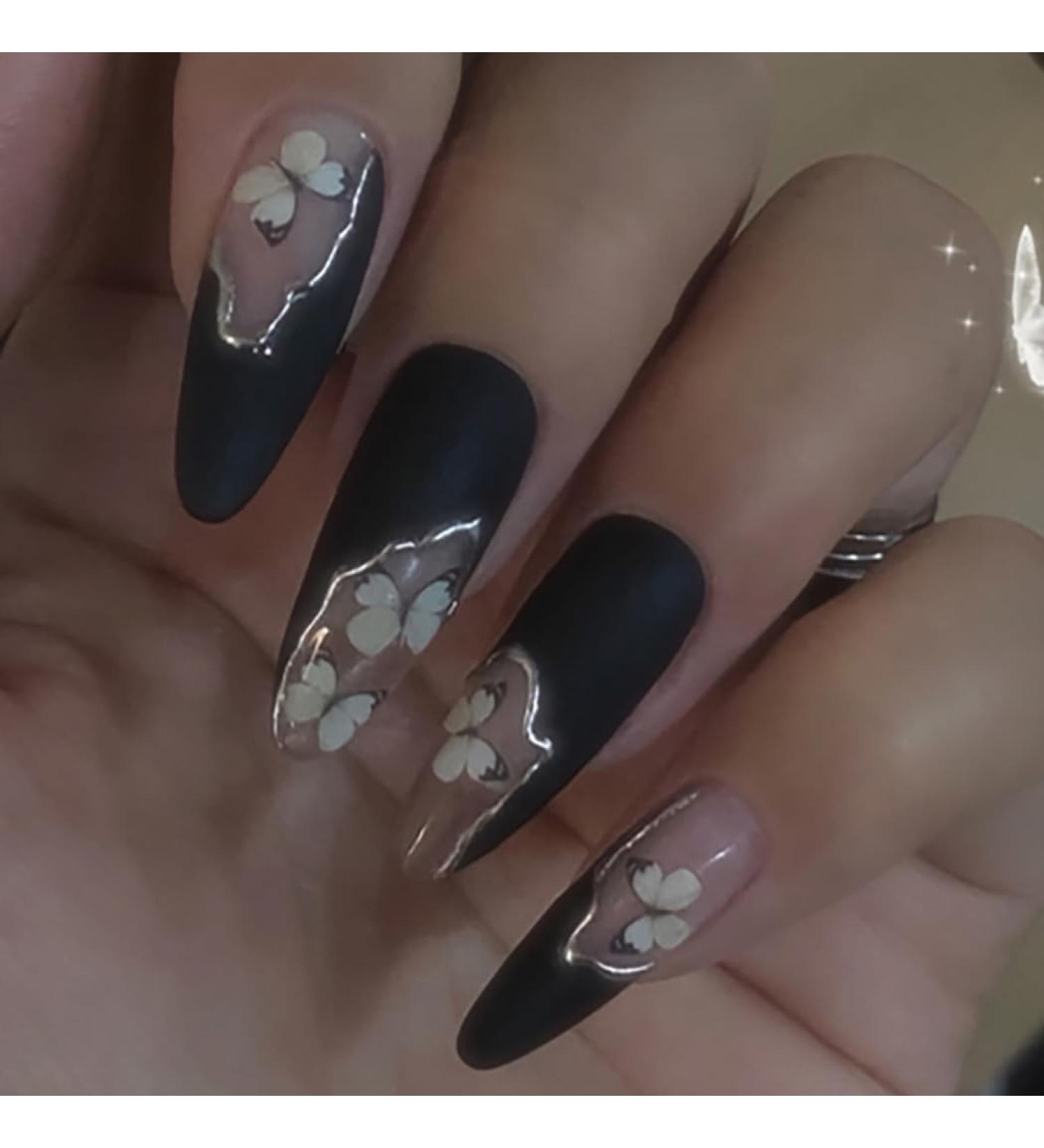 Brishow Black Long Almond Press On Nails - 24 Piece Set with Butterfly Design for Women & Girls | International Shipping Available - Buy Online on GoSupps.com