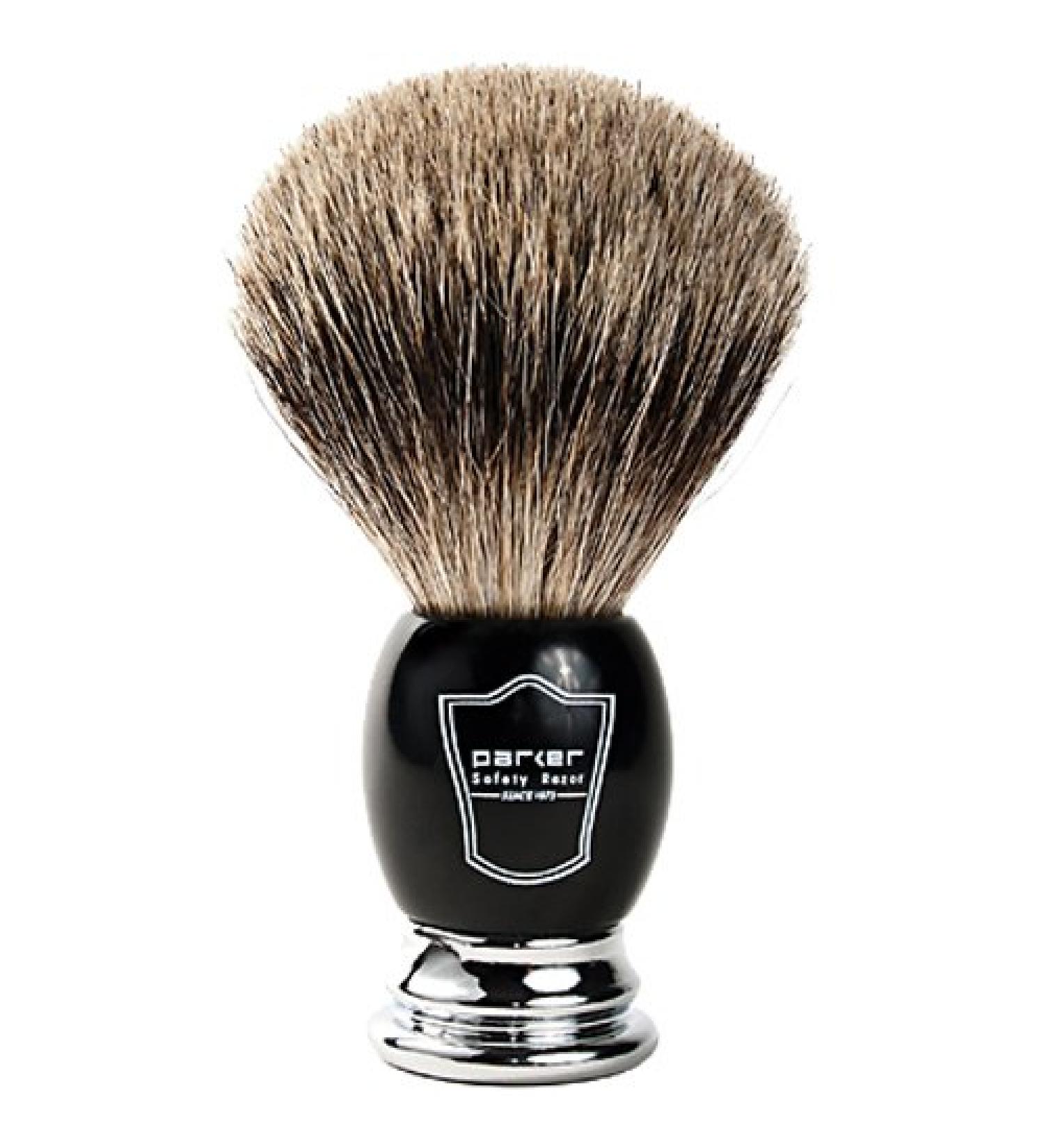 Parker Premium 3 Band Pure Badger Shaving Brush with Stand | Thick & Luxurious Lather - Gift Box | Black & Chrome Handle - Buy Online on GoSupps.com
