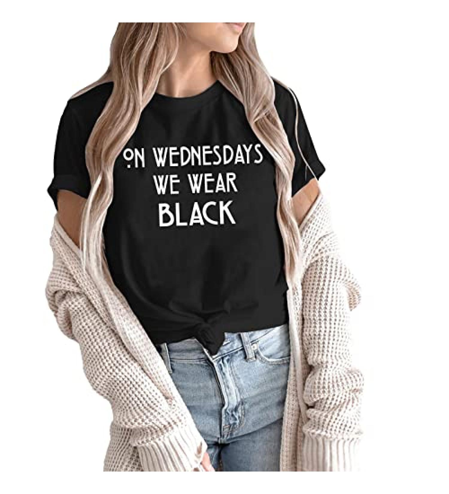 Womens Funny Letter Print 'On Wednesday We Wear Black' Tee Shirt - Black, Medium - Buy Online on GoSupps.com