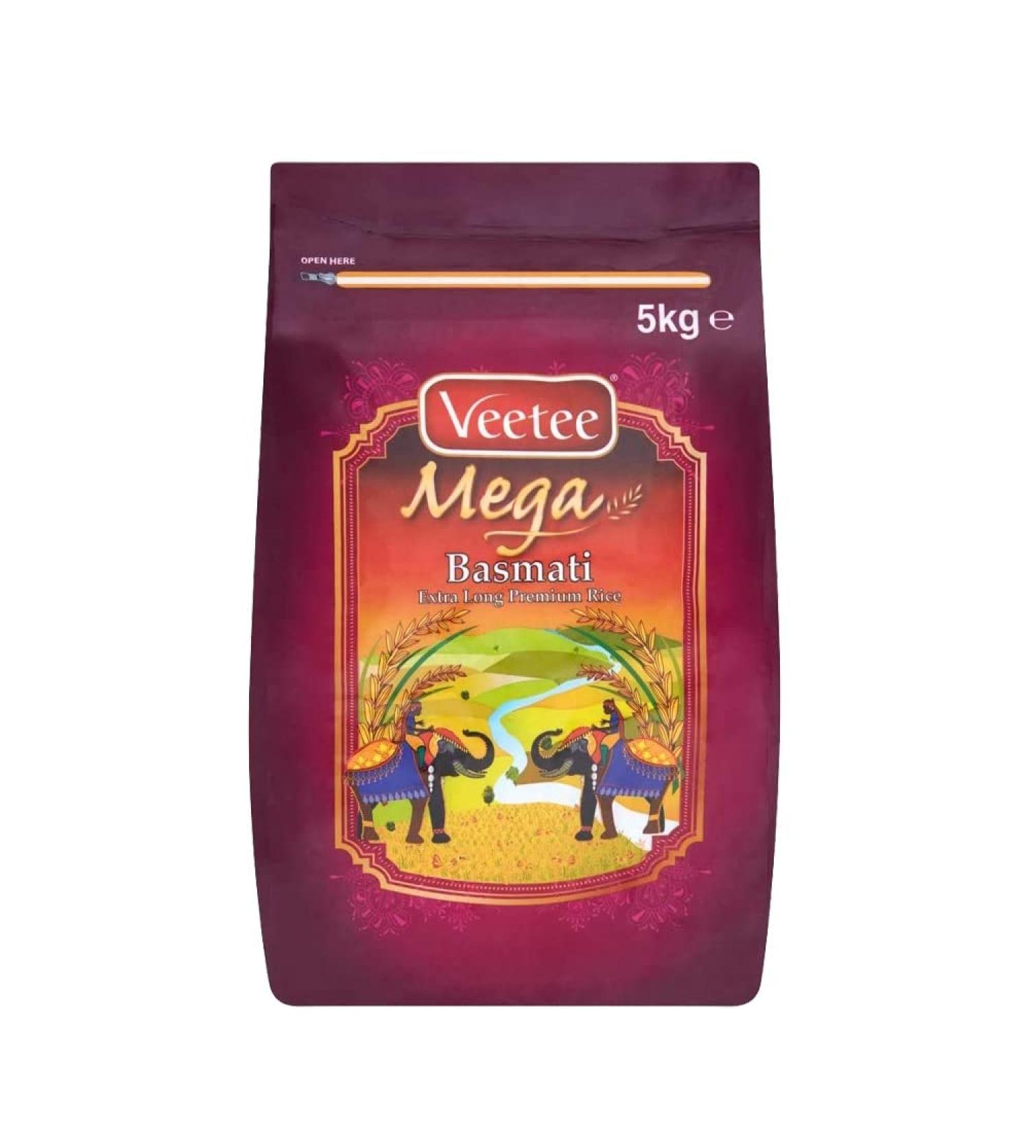 Veetee Mega Extra Long Basmati Rice | 5KG | Long Grain | Great Taste and Aroma | Long Grain Basmati Rice for Biryani | High Fibre & Protein | Gluten Friendly |Indian Origin