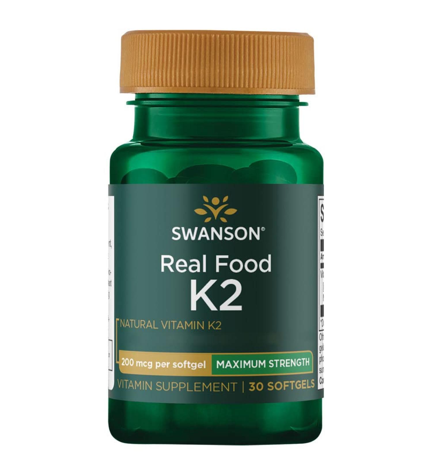 Swanson Real Food K2 200mcg Softgels - Lab-Tested, Soy Free, Gluten Free - Buy Online on GoSupps.com