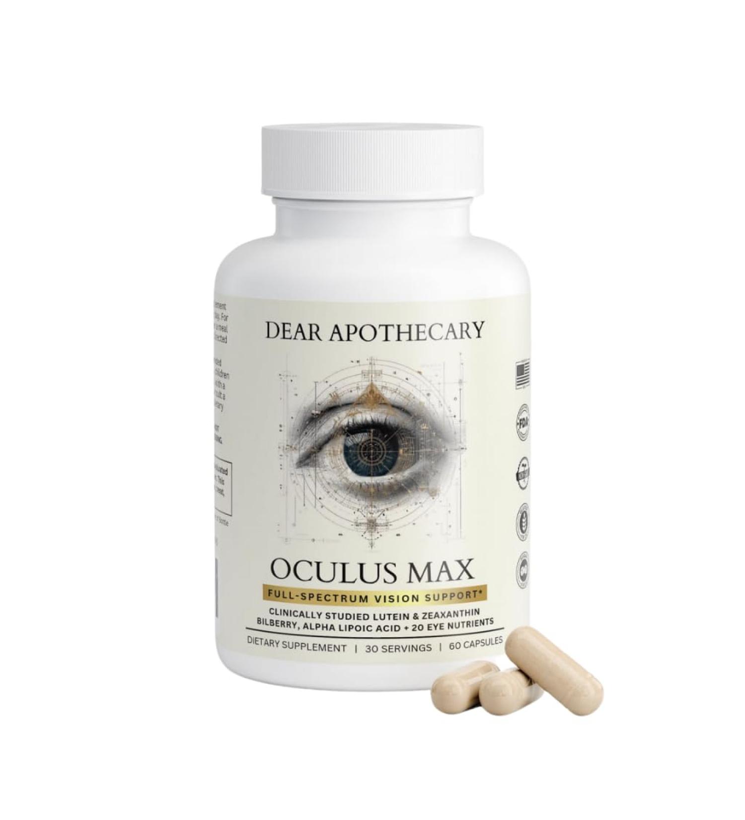 Dear Apothecary Oculus Max Eye Vitamins with Lutein and Zeaxanthin - Bilberry Alpha Lipoic Acid - Vision Supplement for Adults - 20+ Eye Nutrients - Non-GMO Gluten Free - 60 Capsules - Buy Online on GoSupps.com