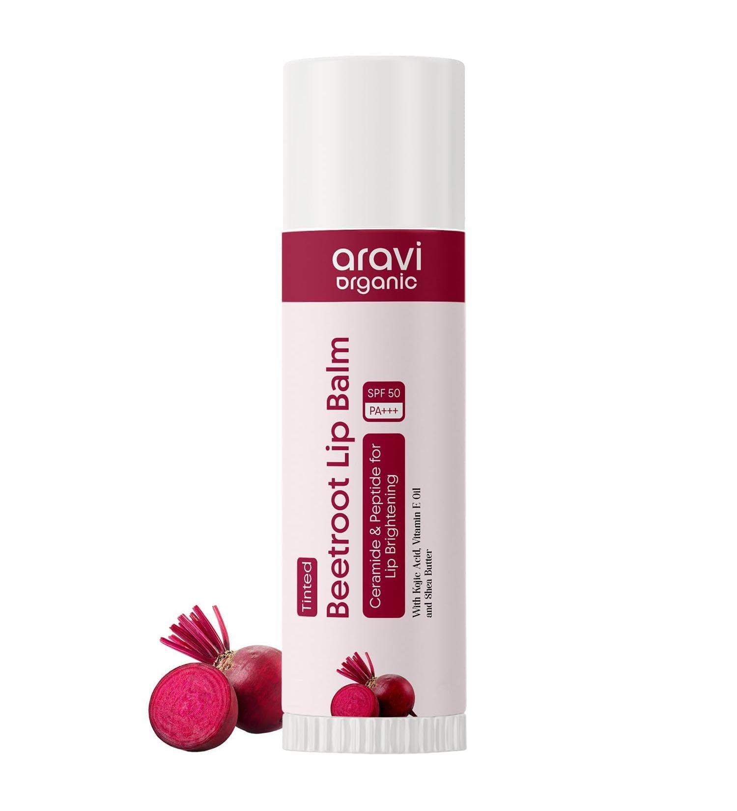 A.ra.v.i Organic Beetroot Tinted Lip Balm With SPF 50 PA+++ & Kojic Acid - Ceramide & Peptide - Lip Brightening & Hydrating - SLS & Paraben Free 5 gm - Buy Online on GoSupps.com