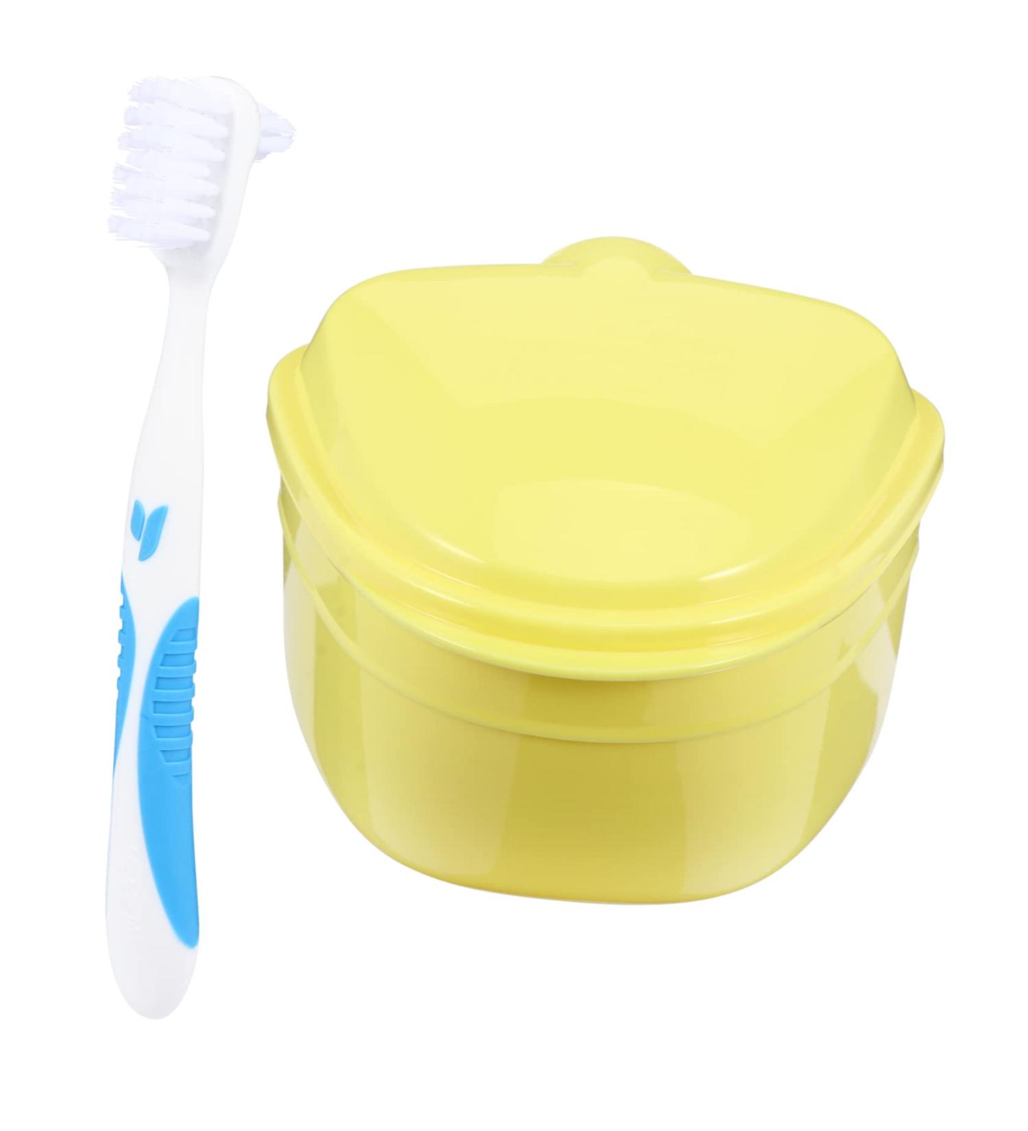 Healeved Prosthesis Nursing Box & Bathing Container | Denture Cleaning Brush & Travel Holder | Yellow 8x7.5cm - Buy Online on GoSupps.com