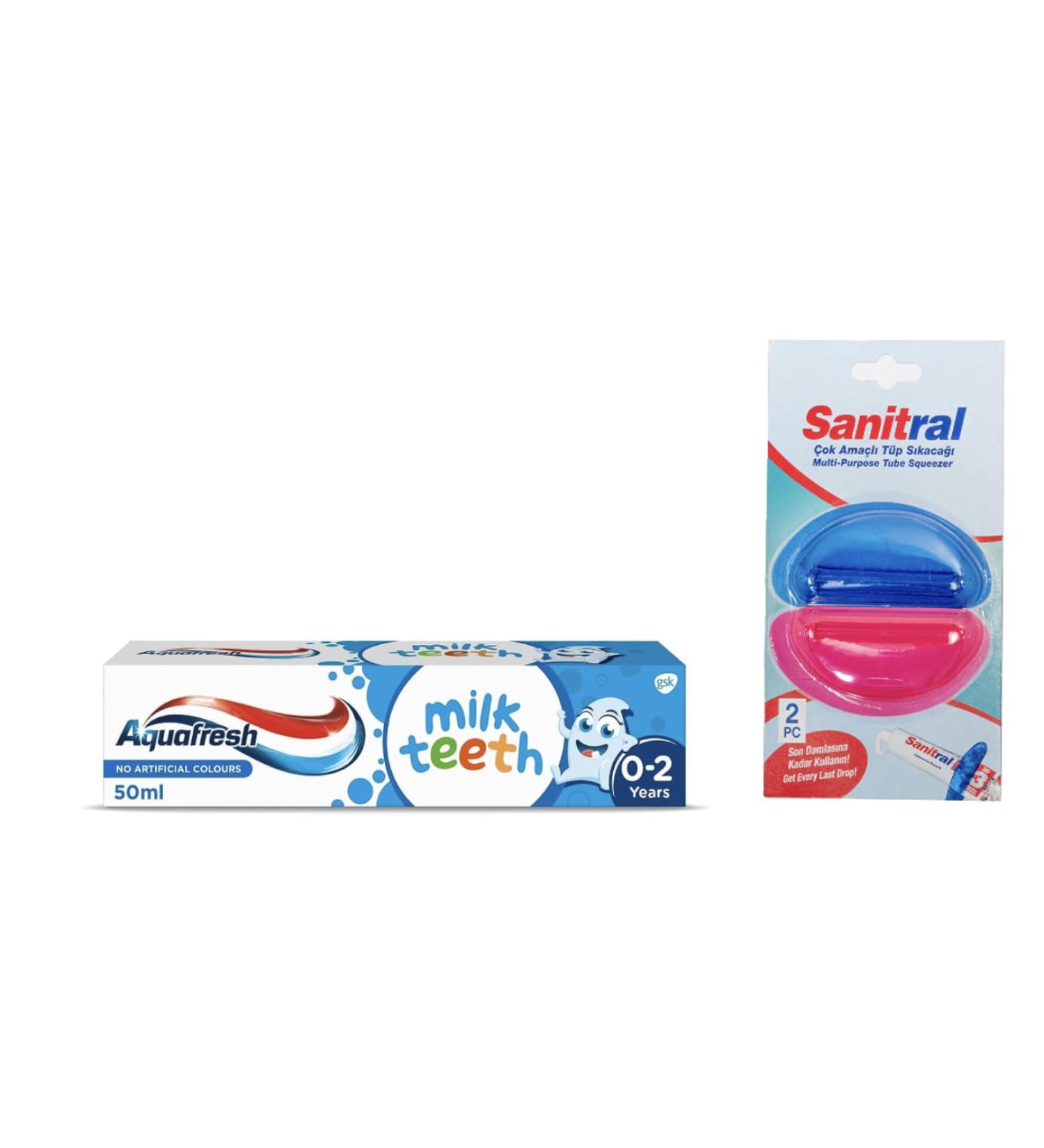 Aquafresh Milk Teeth Babies Toothpaste 50ml+ Sanitral Toothpaste Tube Squeezer (Set of 2) 0.50 g (Pack of 2) 1.0 - Buy Online on GoSupps.com