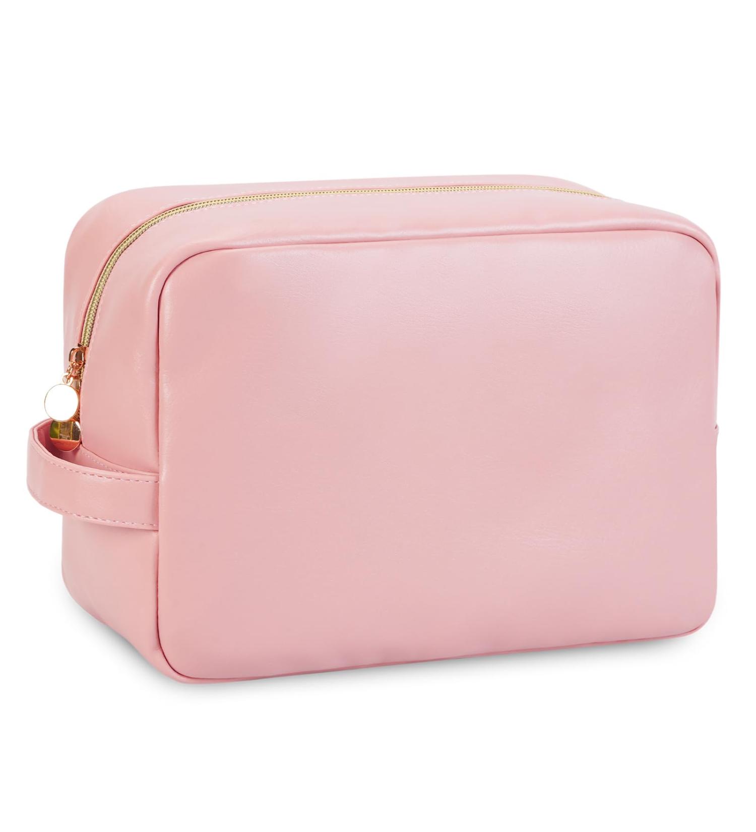 Wandering Nature Large Travel Makeup Bag - Eco Vegan Leather Pink with Handle and Pockets - Buy Online on GoSupps.com