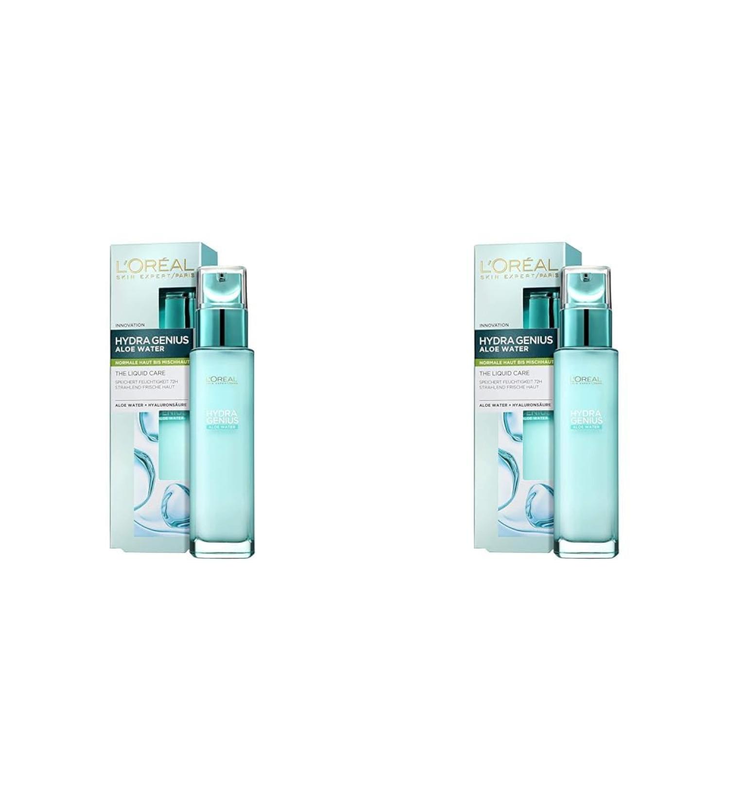 L'Or al paris moisture fluid hydra genius aloe water hydration and freshness for normal skin up to combination skin with aloe water and hyaluronic acid 70ml (pack with 2) 140 ml (2 pack) normal skin up to combination