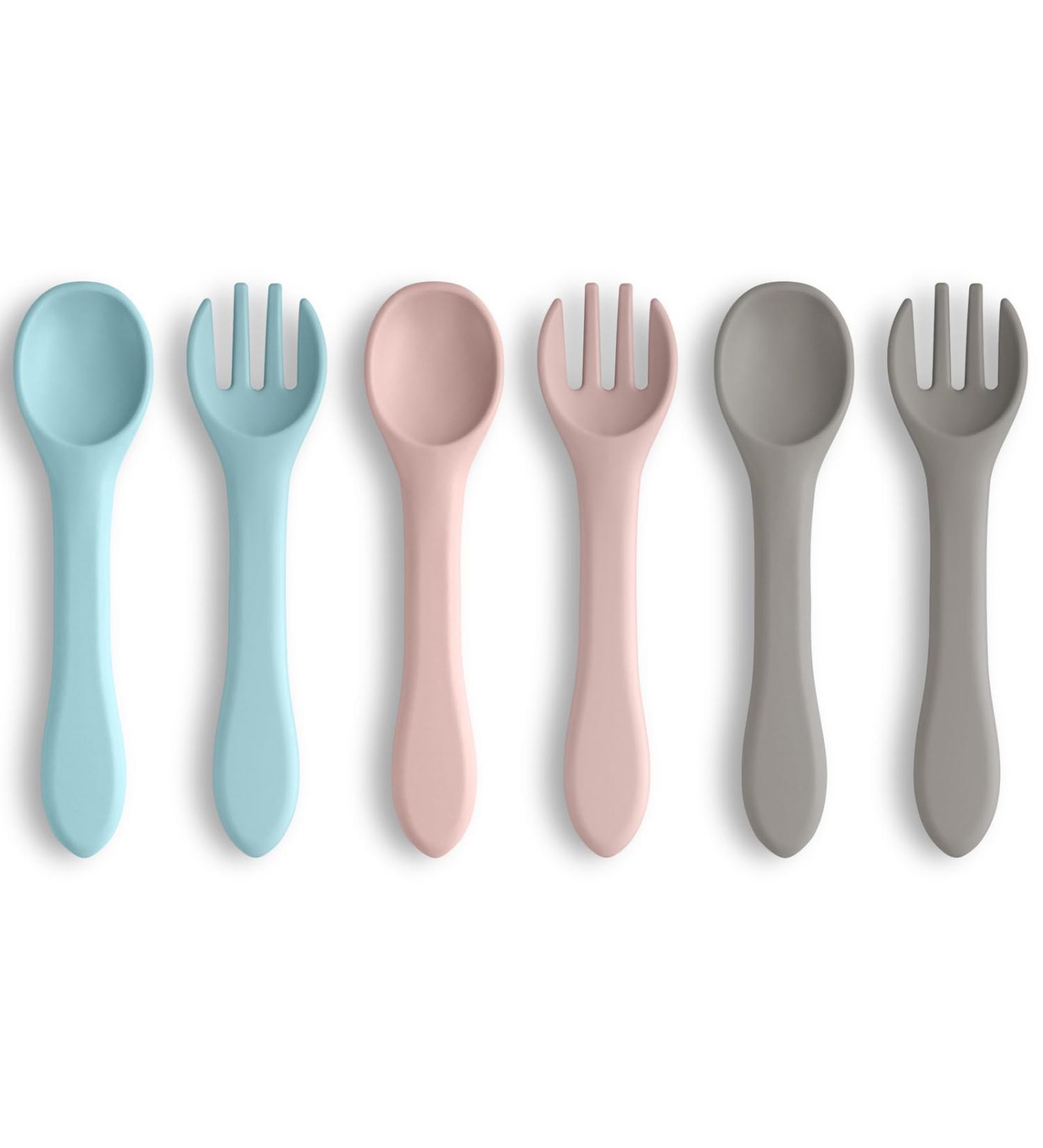 Vicloon Baby Fork and Spoon Set - 6 Pcs Silicone Self-Feeding Weaning Spoons Forks for Kids, Toddlers, Children, and Infants - Blue/Pink/Gray - Buy Online on GoSupps.com