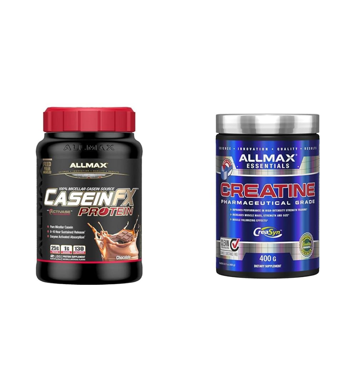 ALLMAX CASEIN-FX Chocolate 2lb & Creatine Monohydrate Micronized Creatine Powder for Strength and Muscle Recovery Gluten Free & Fast Absorbing 400g - Buy Online on GoSupps.com