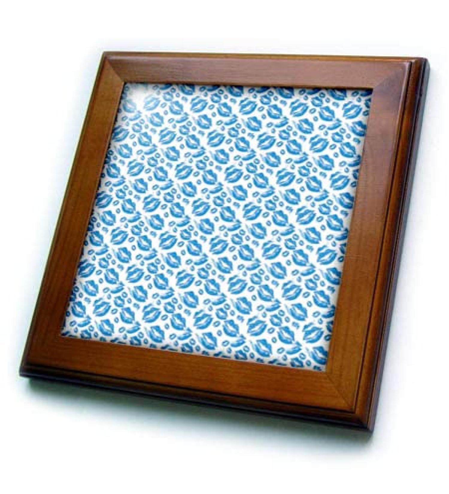 3dRose 8x8 Framed Tile - Two Kisses Collided Lip Boyish Blue Lips Pattern Pattern - Lipstick Kisses