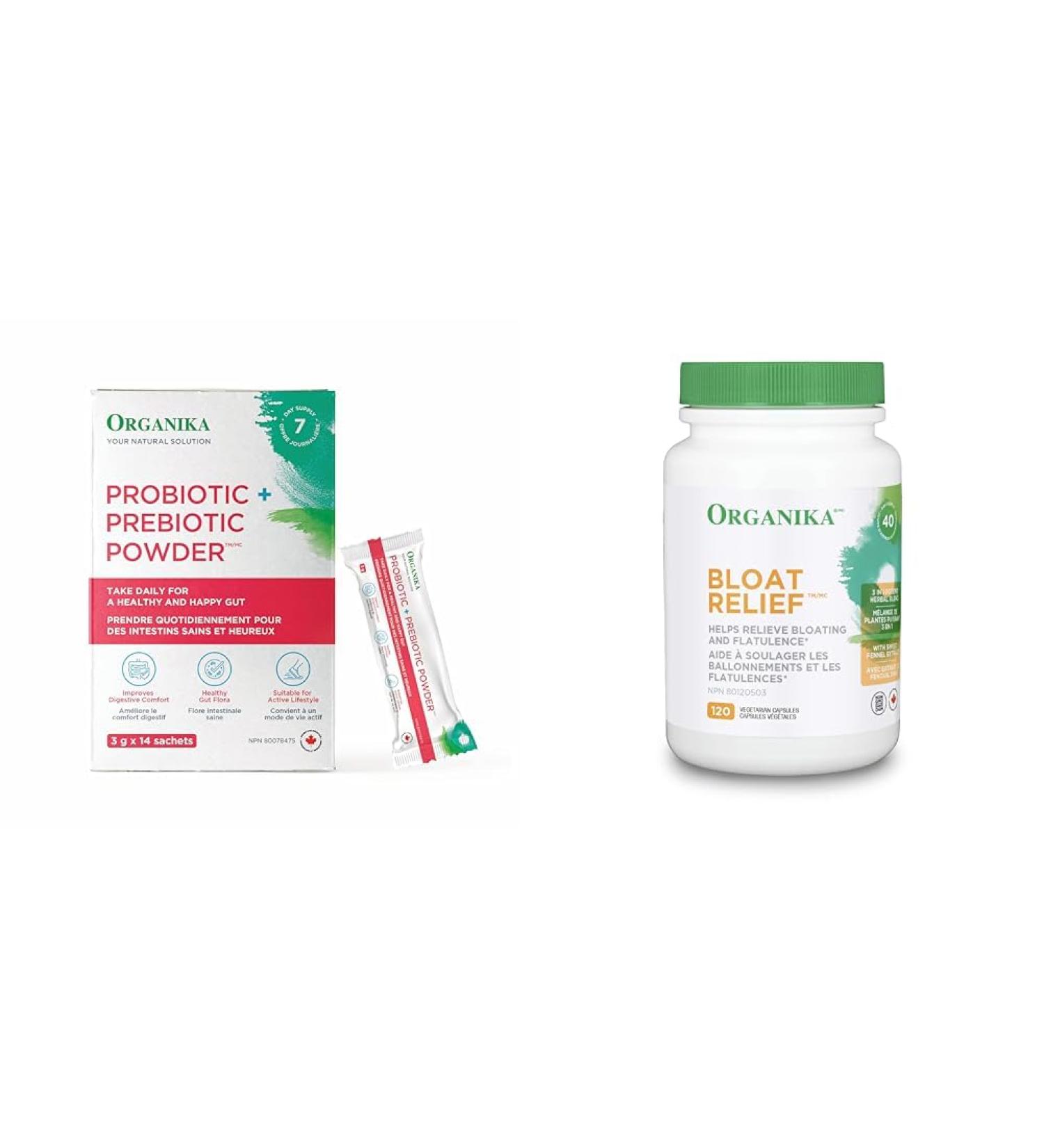Organika Prebiotic + Probiotic Powder 3 G X 14 Sachets and Bloat Relief (Herbal Blend) - 120 vcaps Powder + Organika Bloat Relief - Buy Online on GoSupps.com