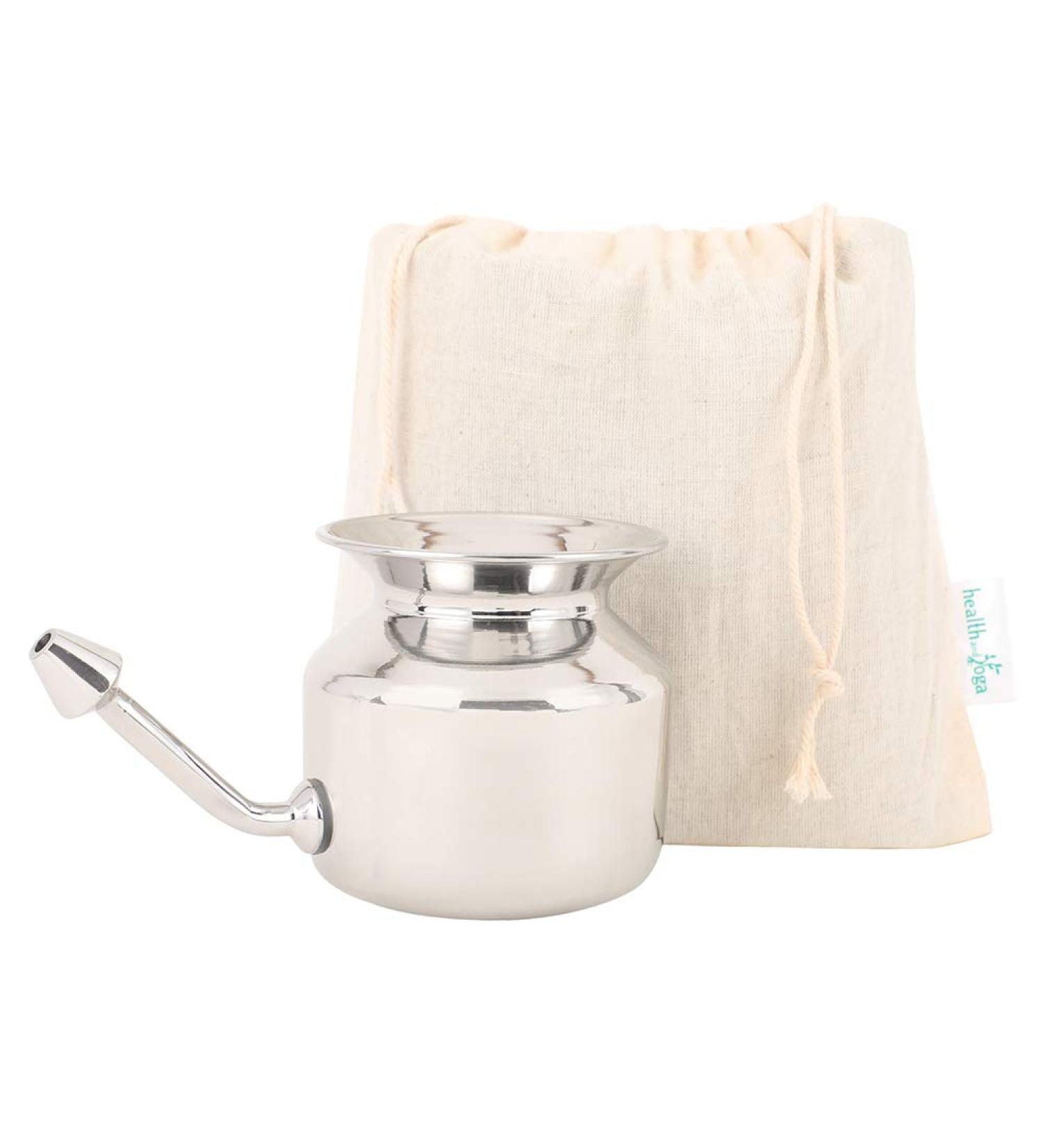 SteloKleen Stainless Steel Neti Pot Kit with Pure Salt - Unbreakable Pot & Leak Plug Nose Tip for Improved Nasal Health | HealthAndYoga - Buy Online on GoSupps.com