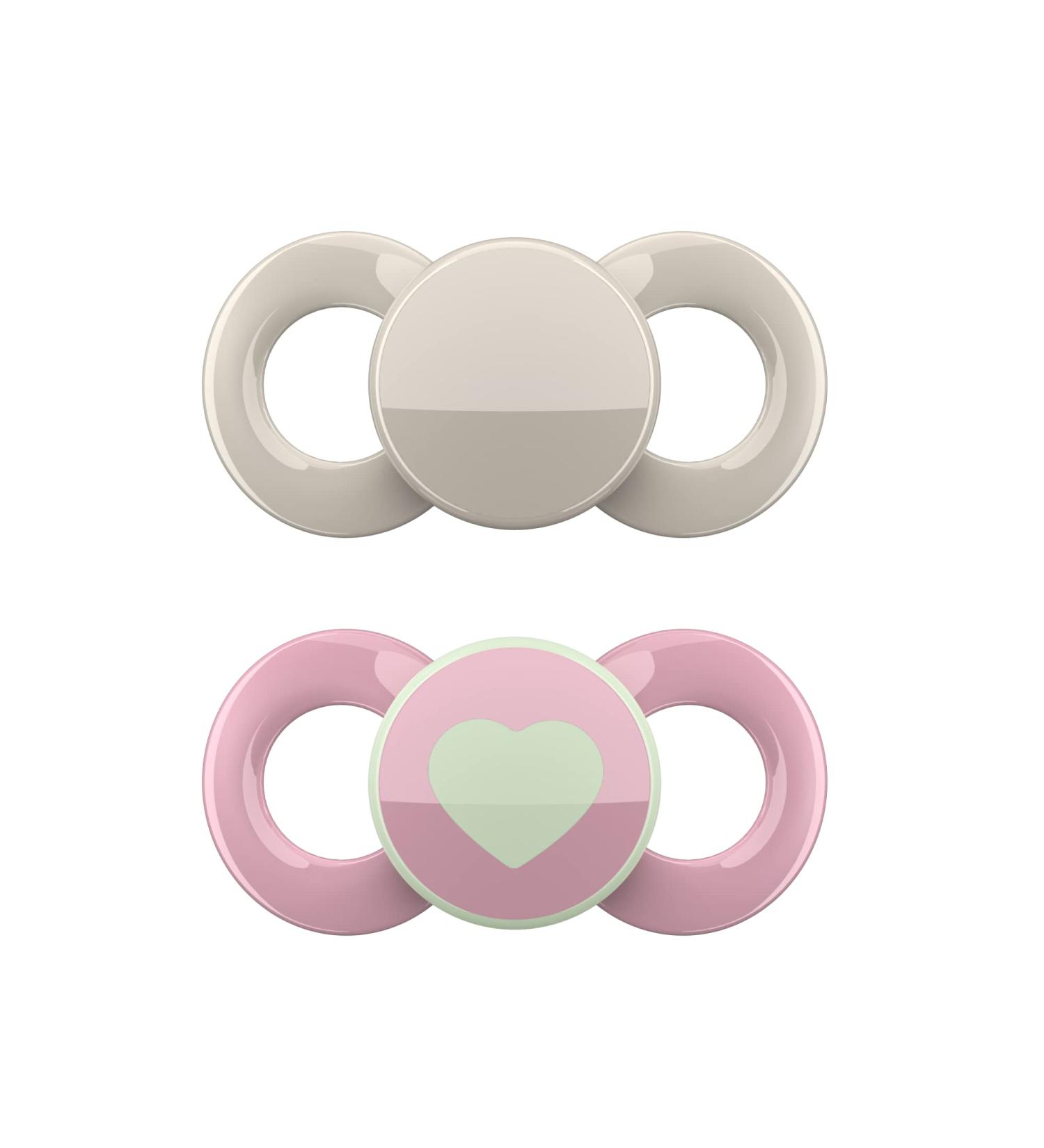 DentiStar Day & Night Silicone Pacifier Set - Dental Friendly Size 1 (0-6 Months) - Light Up Night Pacifier in Beige & Rosa with Heart Motif - Made in Germany - Buy Online on GoSupps.com