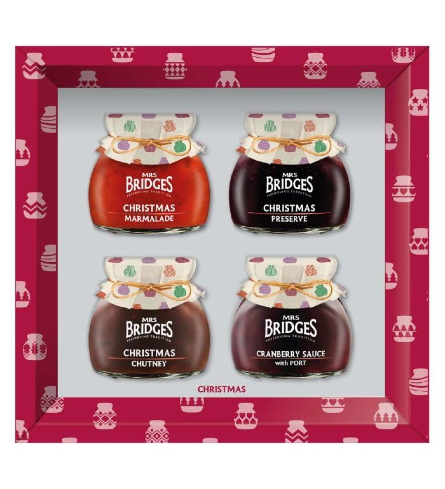 Mrs Bridges Christmas 4 x 100g Jars in Seasonal Gift Pack of Christmas Marmalade Preserve Cranberry Sauce with Port & Chutney - Buy Online on GoSupps.com