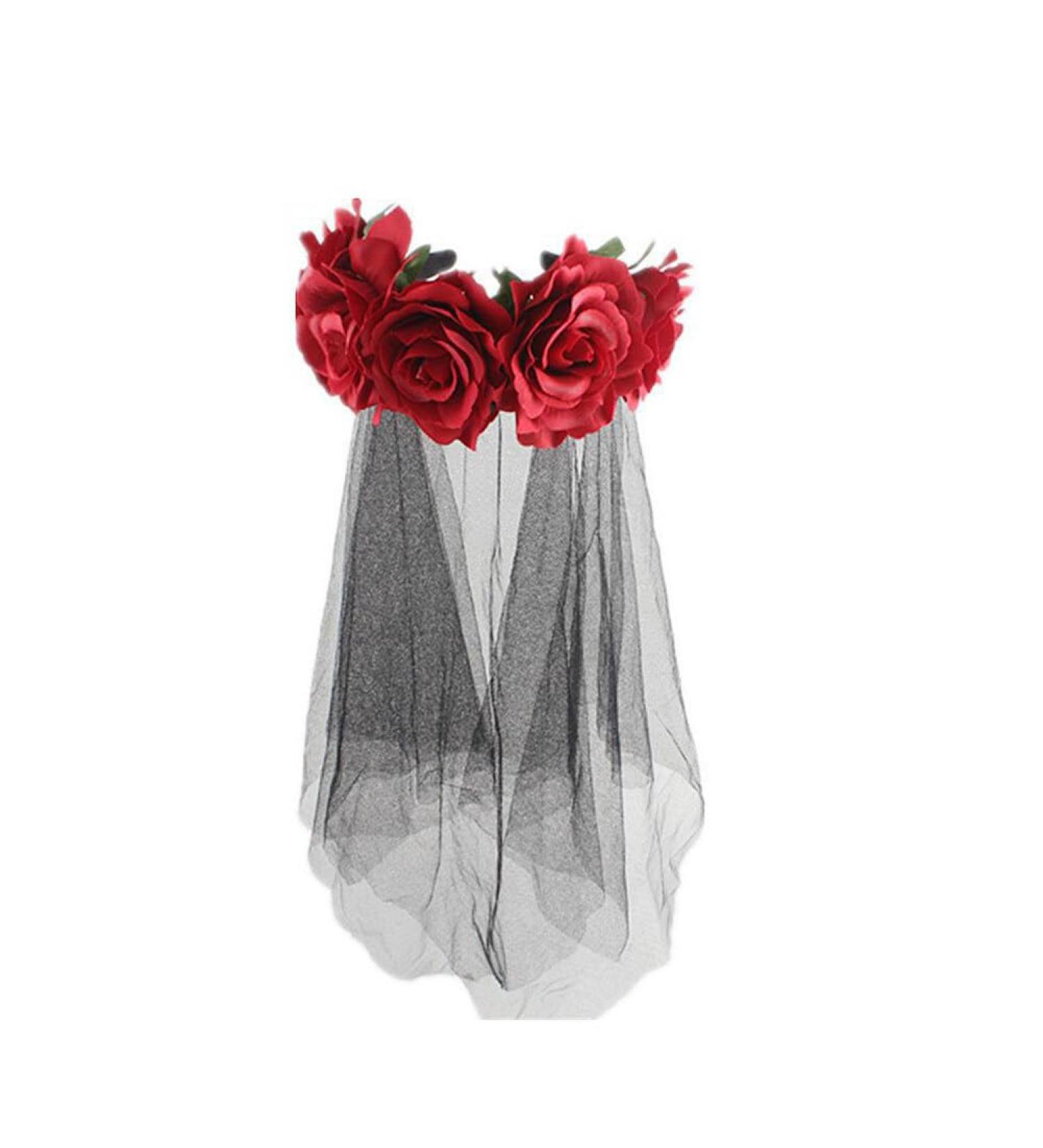 Day of The Dead Floral Crown Headband Halloween Gothic Flower Garland with Black Veil Hairband Cosplay Wedding Costume Rose Flower Headpiece for Women - Buy Online on GoSupps.com