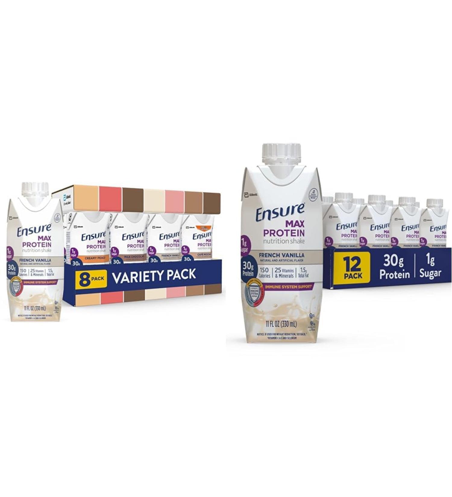Ensure Max Protein Nutrition Shakes Variety Pack With 30g of Protein & Max Protein Nutrition Shake with 30g of Protein 1g of Sugar High Protein Shake French Vanilla Liquid 11 fl oz (Pack of 12) - Buy Online on GoSupps.com