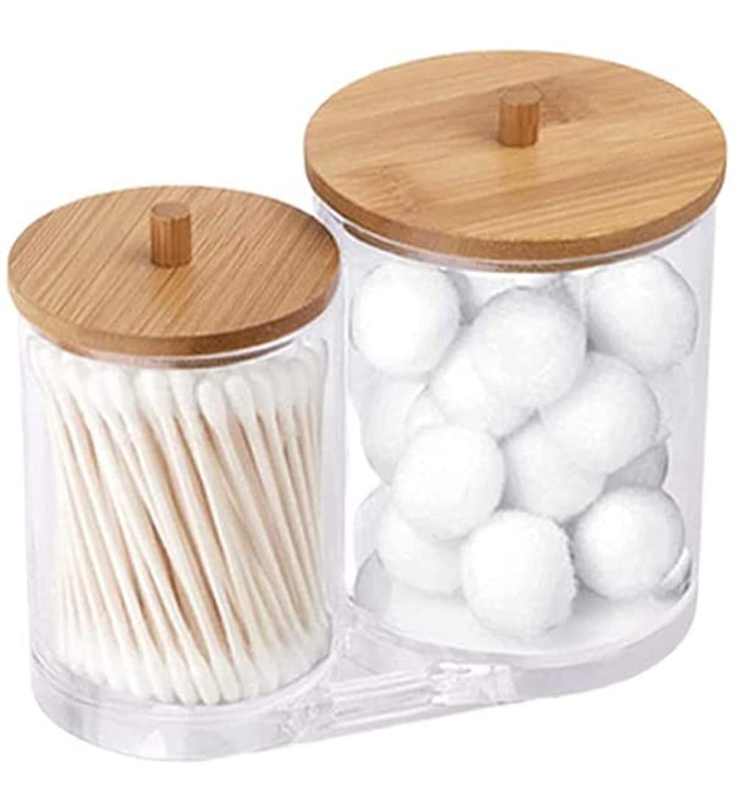 Garta Cotton Swab Holder with Bamboo Lid | Acrylic Qtip Dispenser | Round Cotton Swab Storage Organizer - Buy Online on GoSupps.com