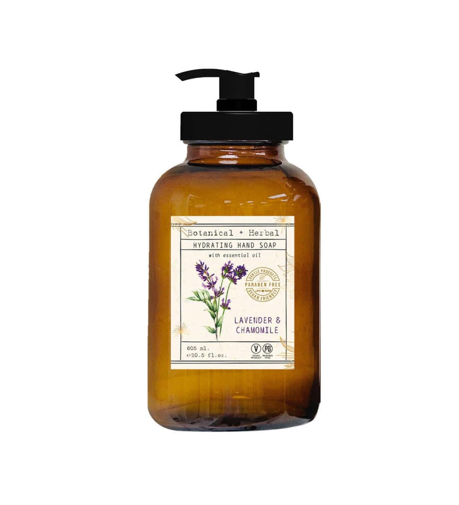 Home and Body Company Botanical + Herbal Hand Soap 22FL/605ml Infused with Essential Oils Made in a Amber GLASS BOTTLE (Lavender Chamomile)