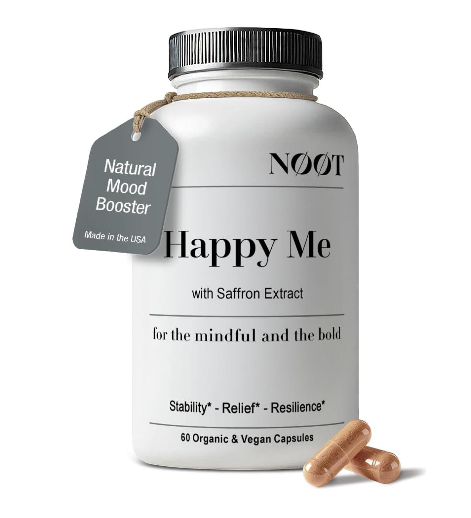 NOOT Happy Me Natural Mood Support Supplement for Women and Men Saffron Supplement Rhodiola & Maca Adaptogens for Calm Focus & Emotional Balance Happy Pills Vegan Plant-Based 60 Capsules - Buy Online on GoSupps.com